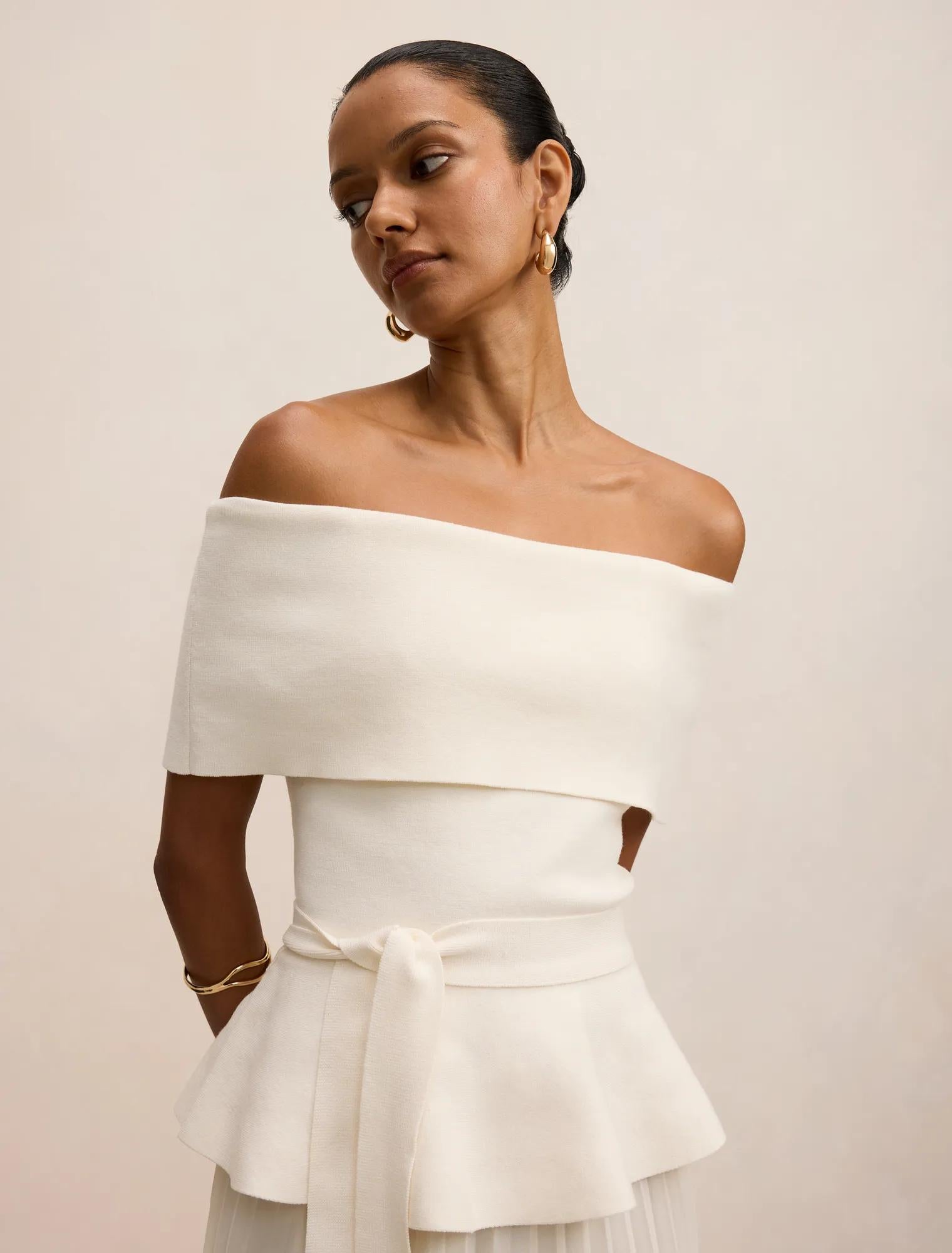 Charlotte Petite Bardot Pleat Mid Dress Cream