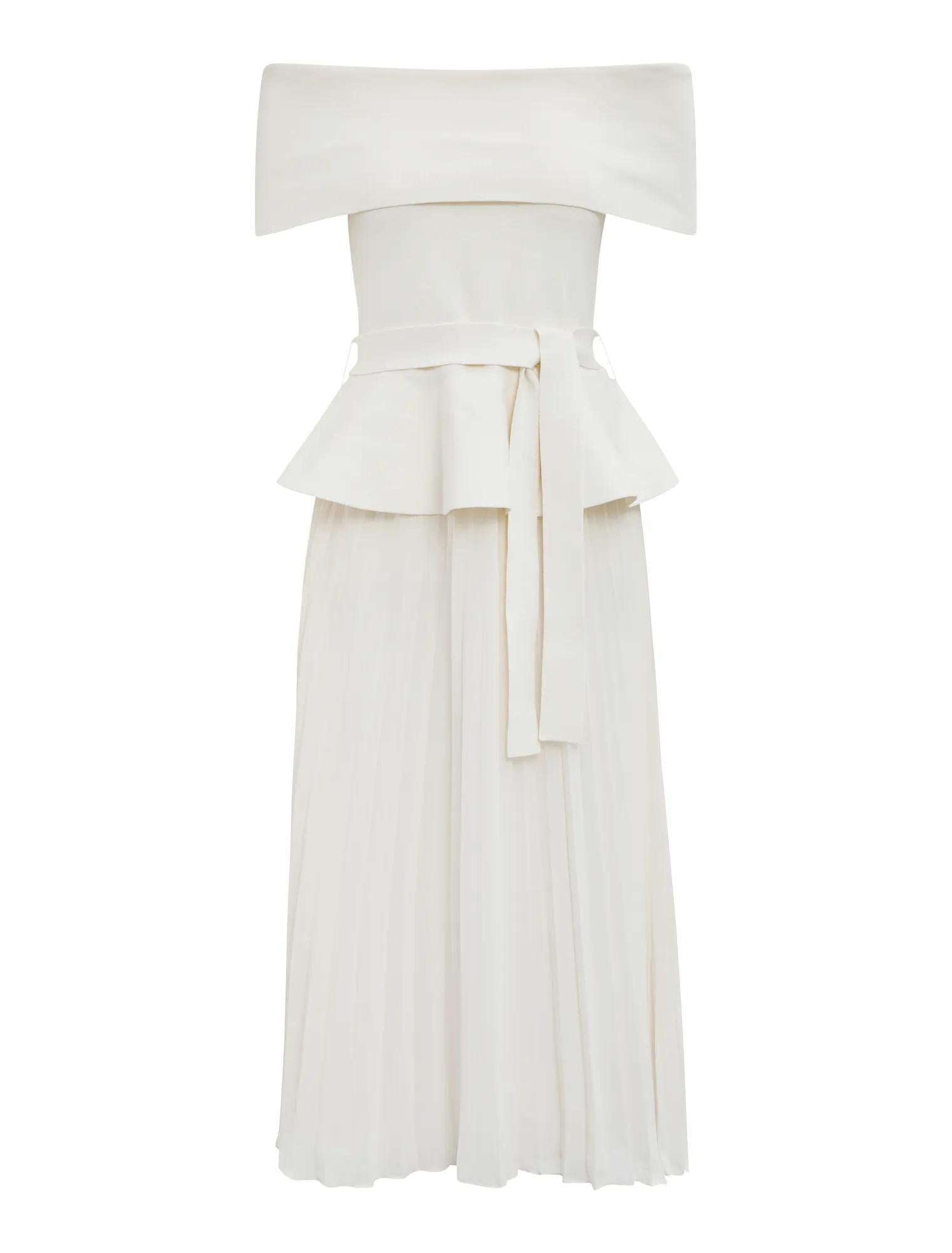 Charlotte Petite Bardot Pleat Mid Dress Cream_mannequin