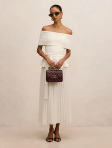 Charlotte Petite Bardot Pleat Mid Dress Cream