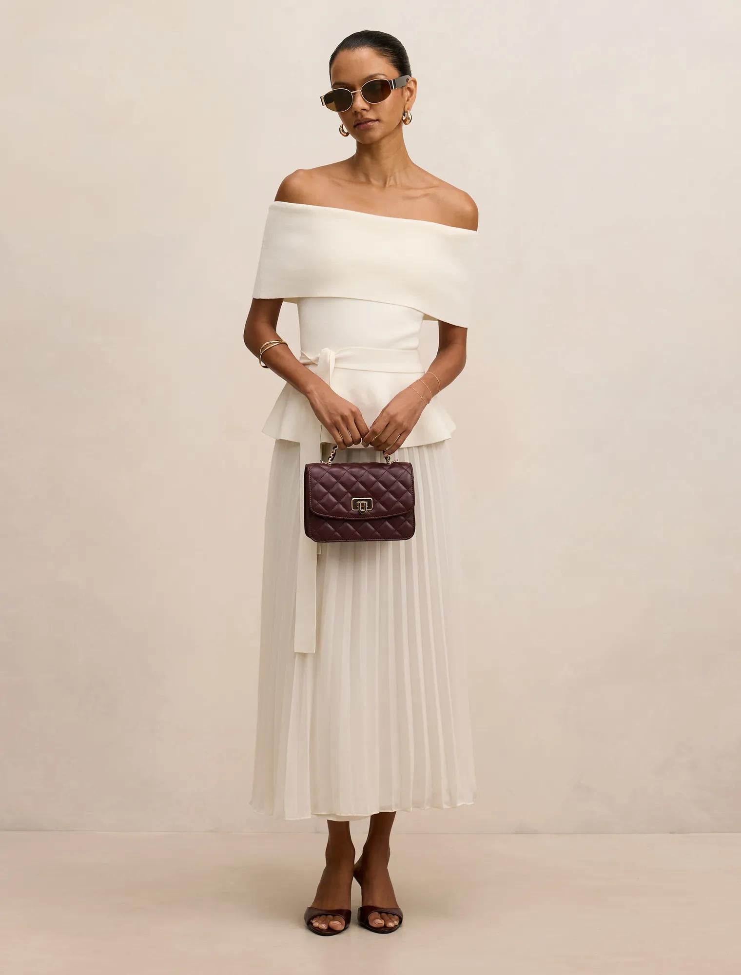 Charlotte Petite Bardot Pleat Mid Dress Cream
