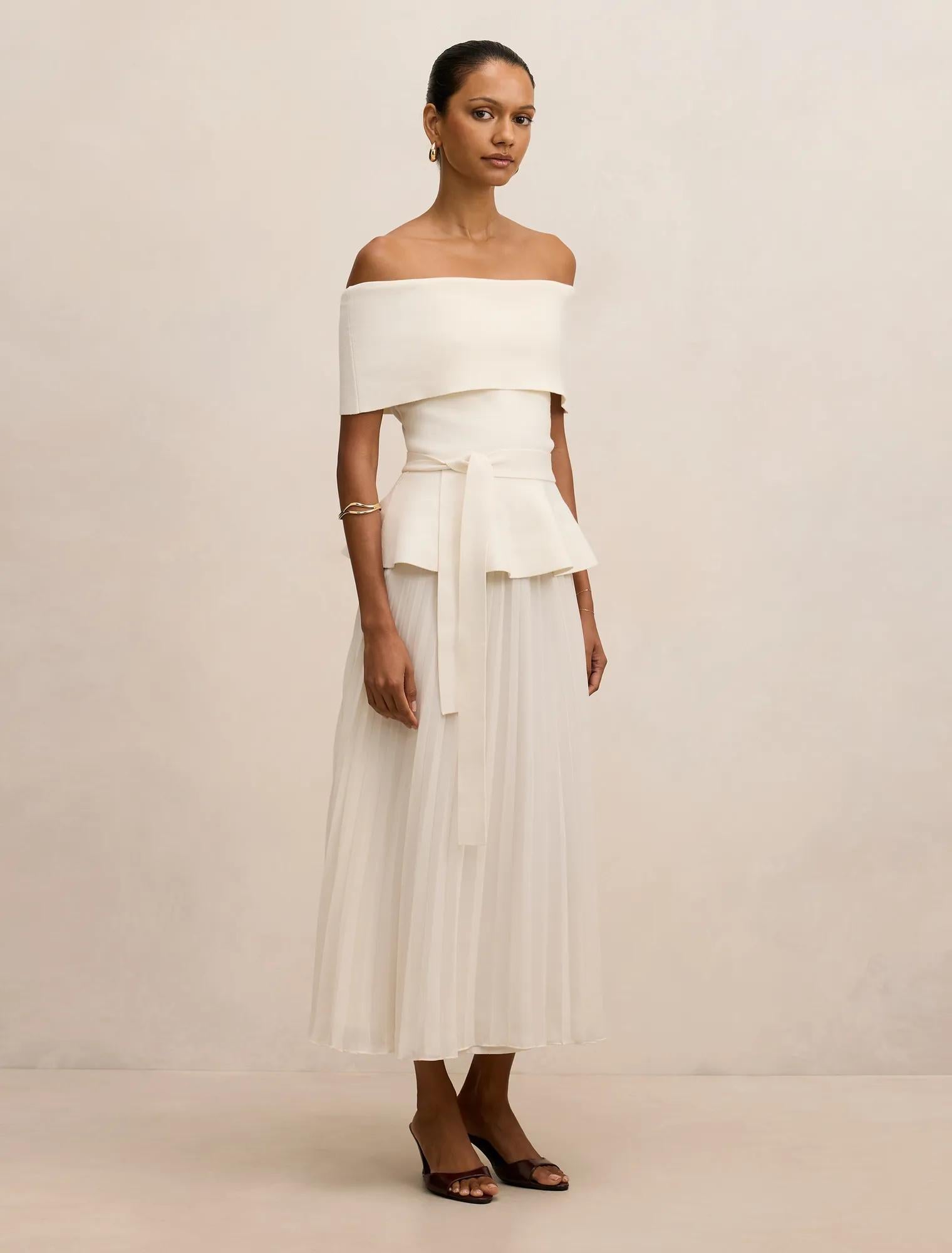 Charlotte Petite Bardot Pleat Mid Dress Cream