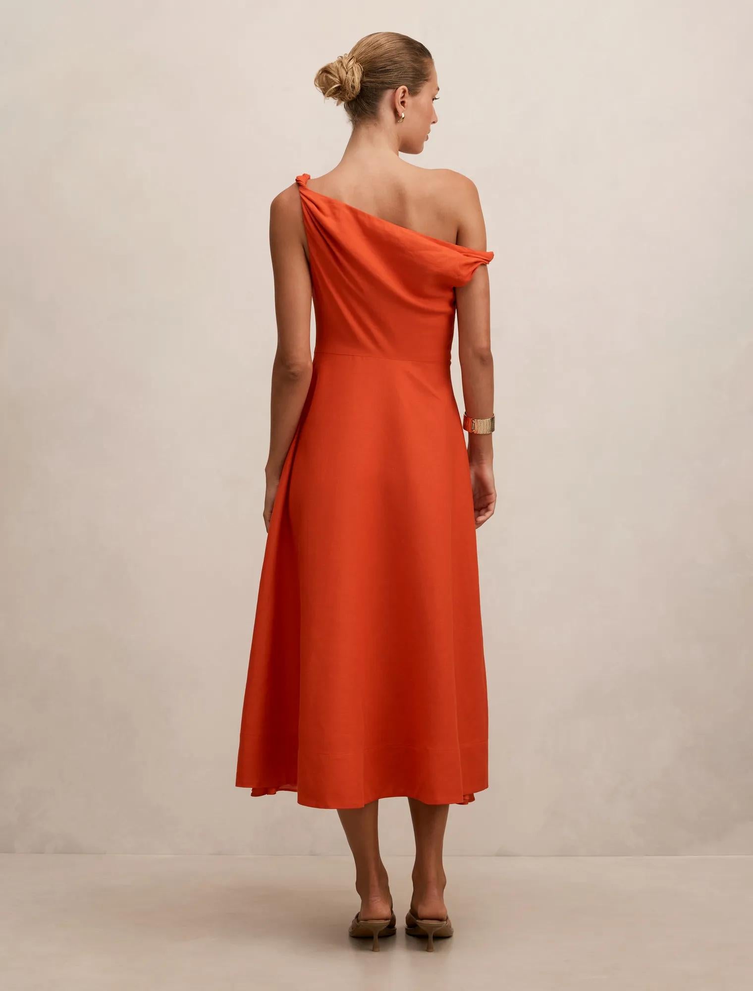 Vinetta Asymmetric Twist Midi Dress Spicy Orange