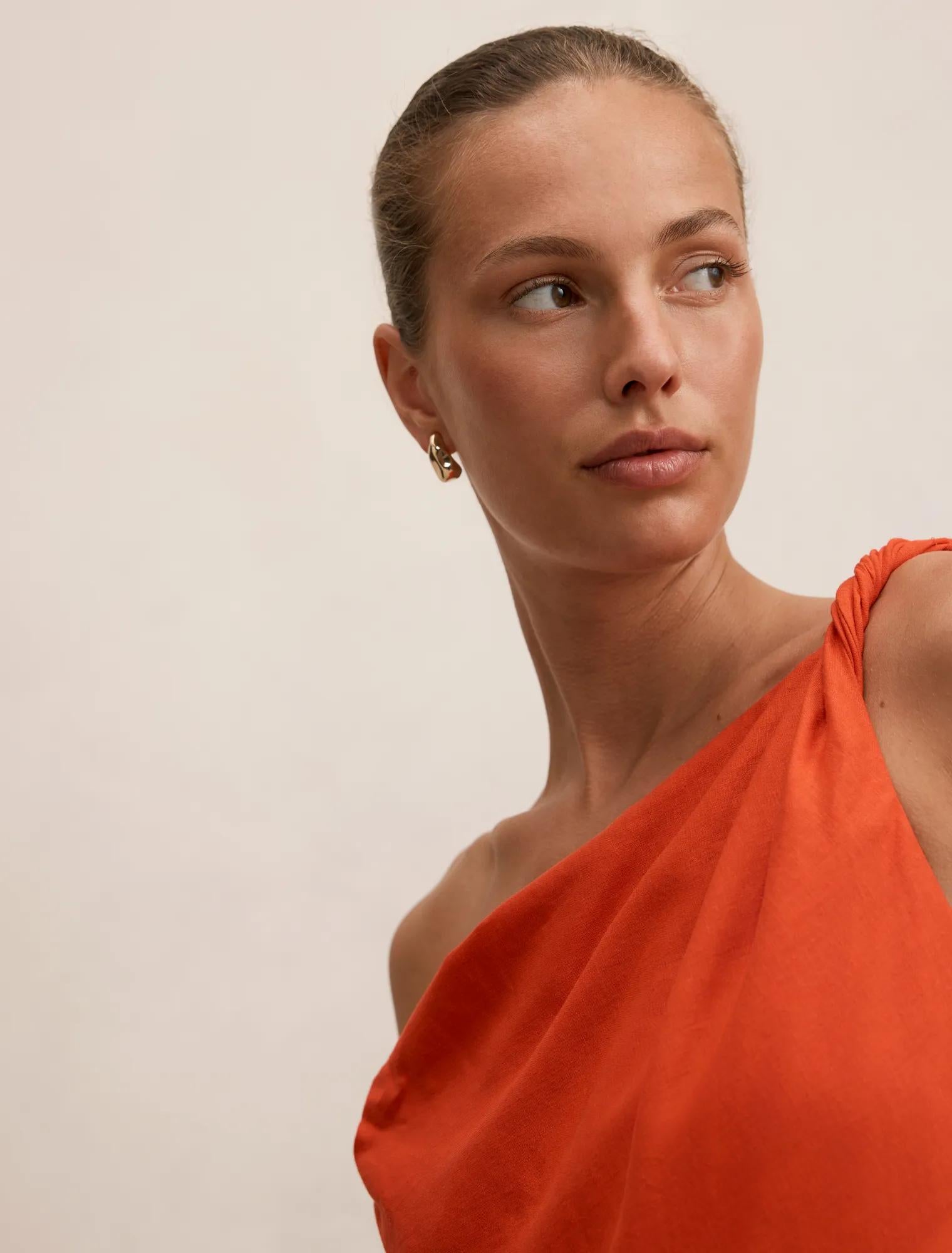 Vinetta Asymmetric Twist Midi Dress Spicy Orange