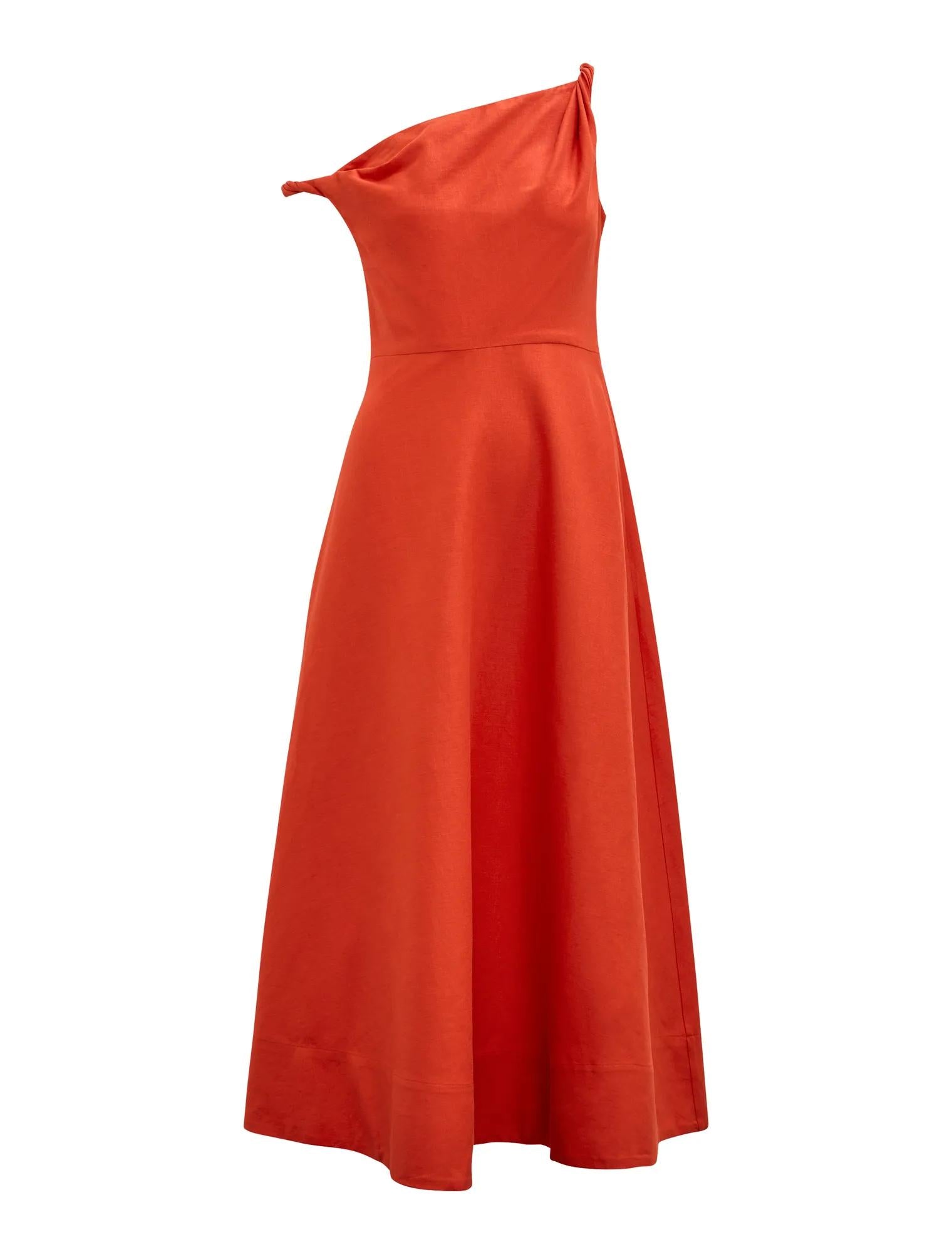Vinetta Asymmetric Twist Midi Dress Spicy Orange_mannequin