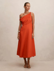 Vinetta Asymmetric Twist Midi Dress Spicy Orange