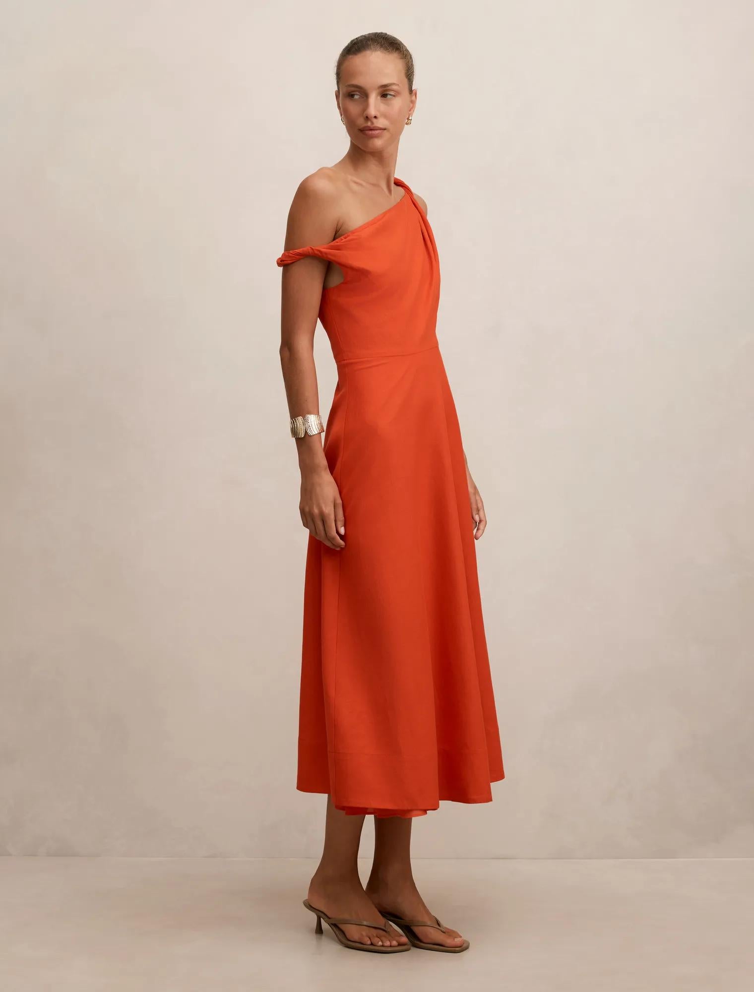 Vinetta Asymmetric Twist Midi Dress Spicy Orange