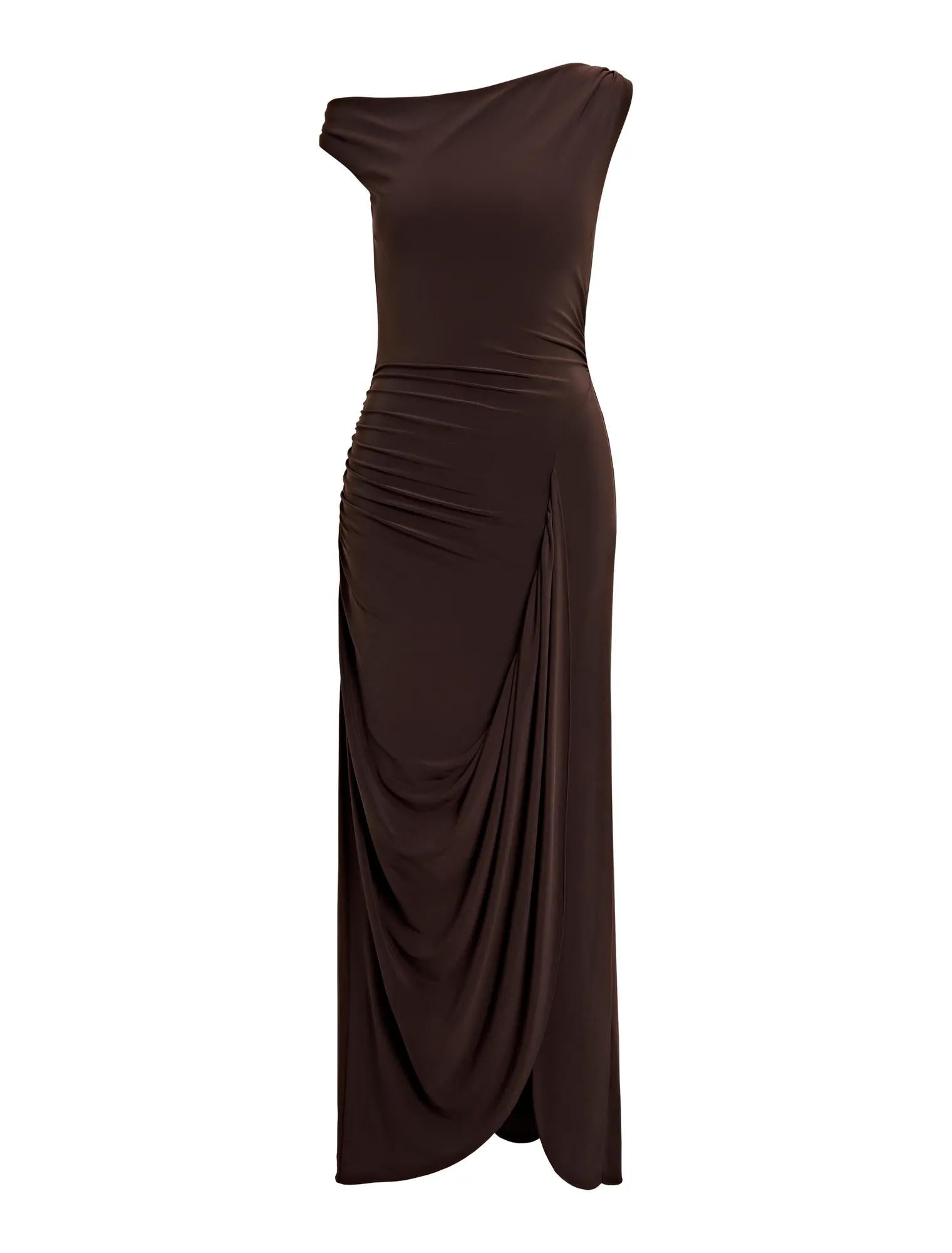 Vicky Asym Jersey Maxi Dark Chocolate_mannequin