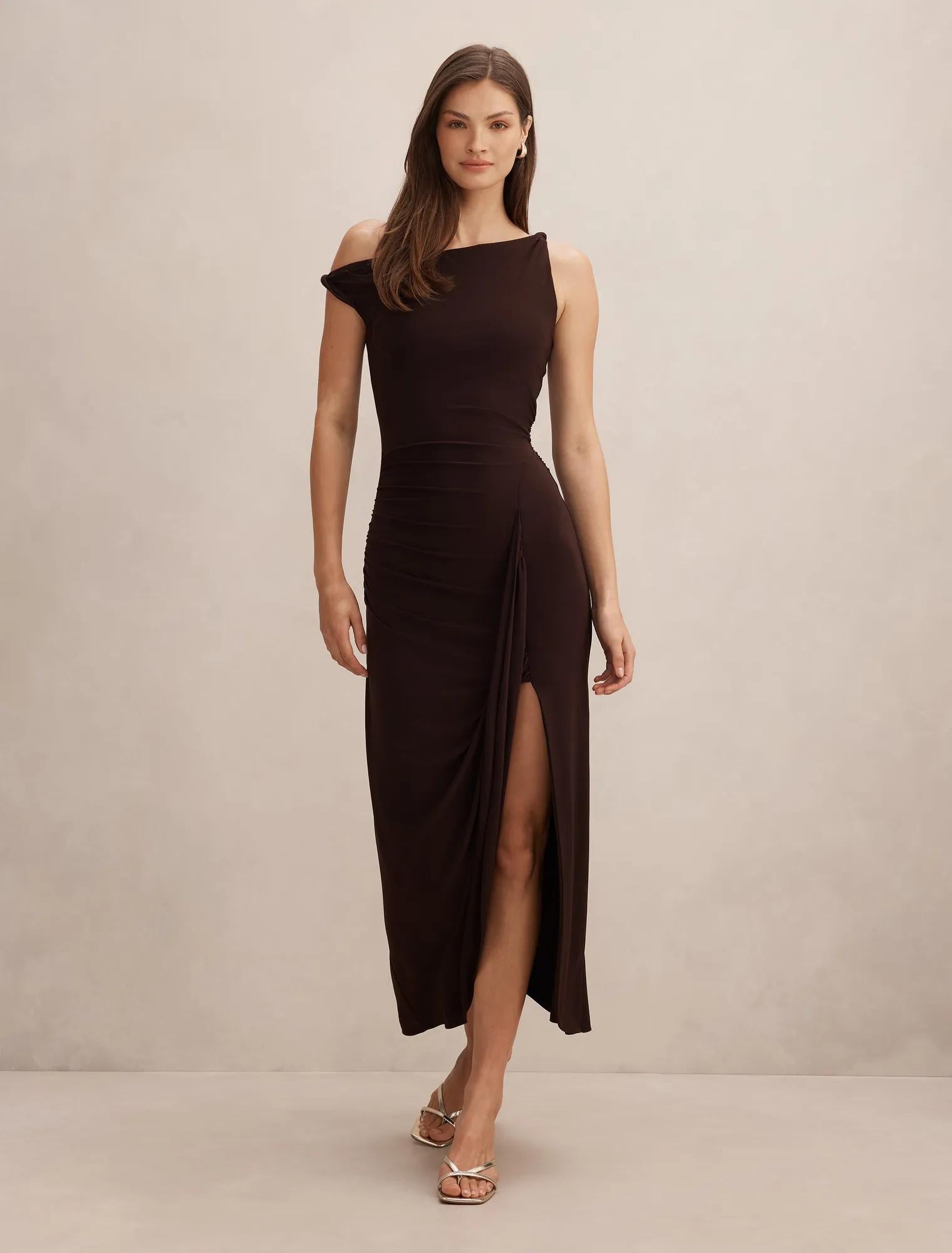 Vicky Asym Jersey Maxi Dark Chocolate