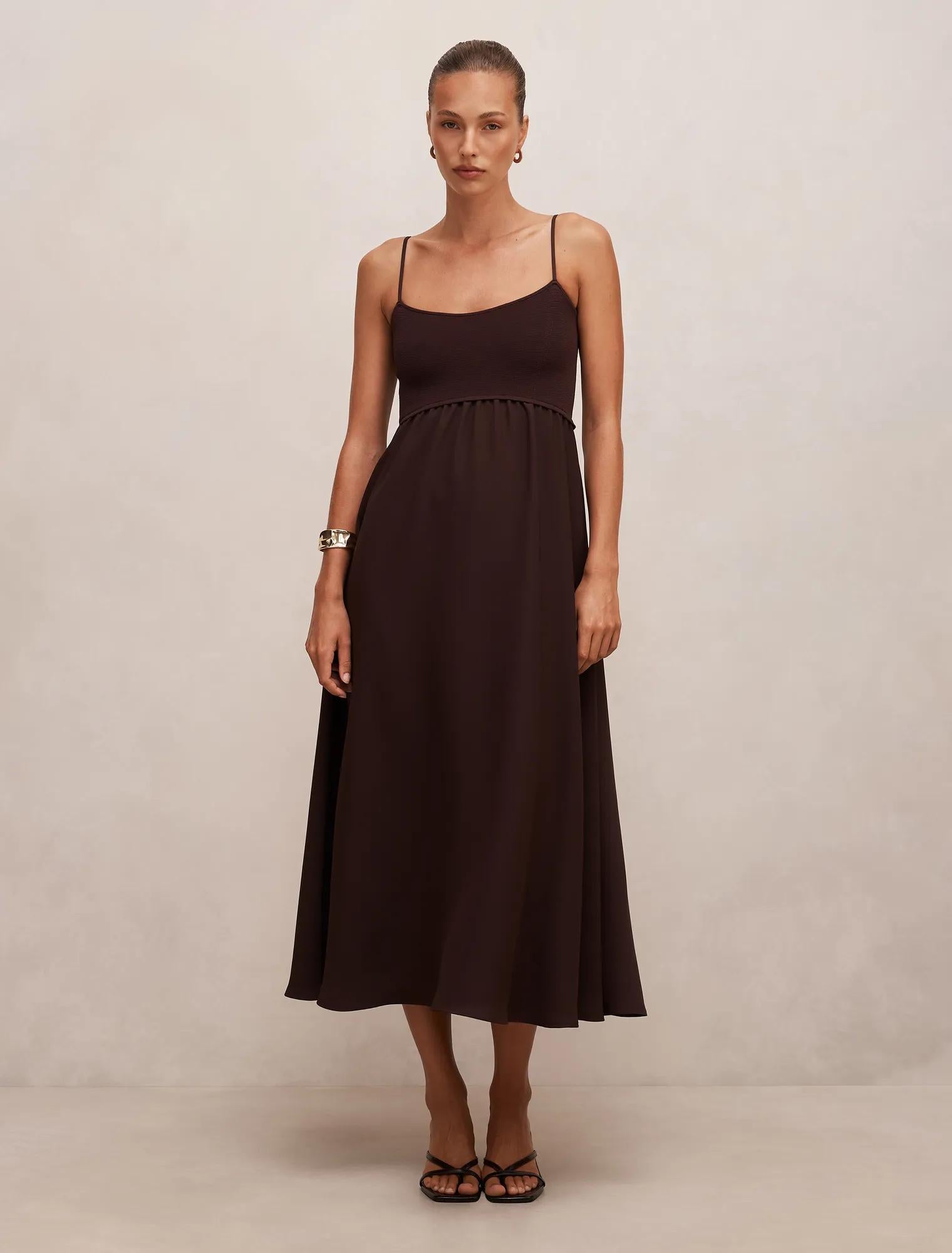 Ariella Woven Mix Midi Dress Chocolate