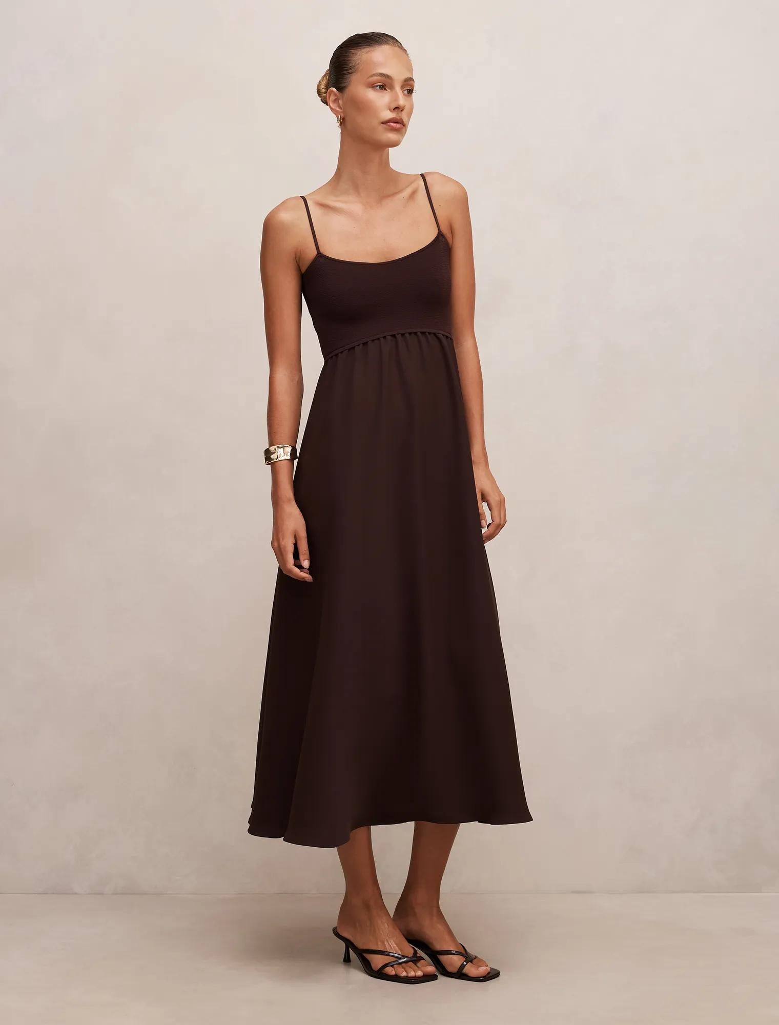 Ariella Woven Mix Midi Dress Chocolate