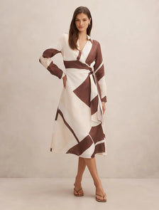 Angelina Long Sleeve Tie Midi Dress Driftwood Geo