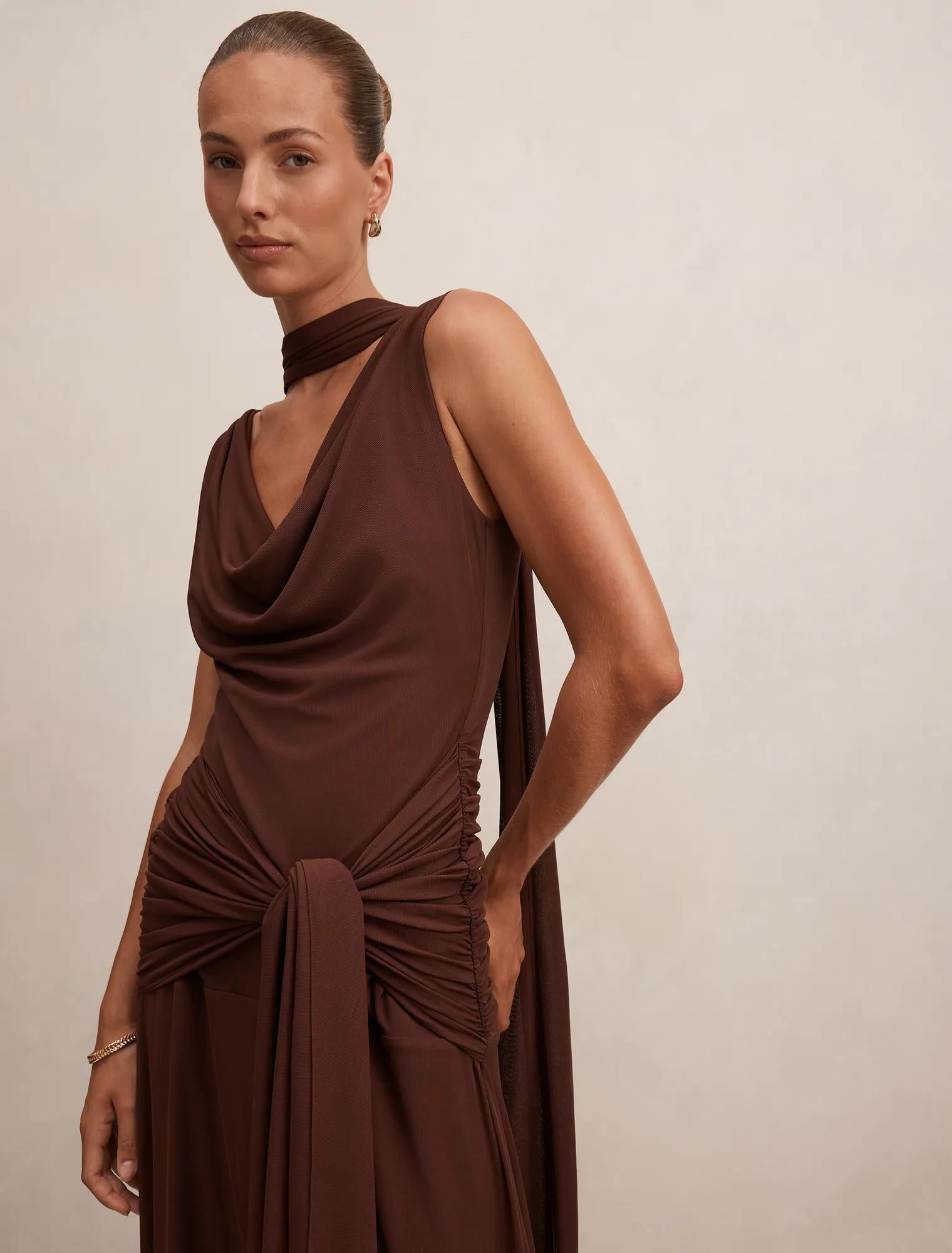 Vivianne Scarf Tie Maxi Dress Dark Mahogany