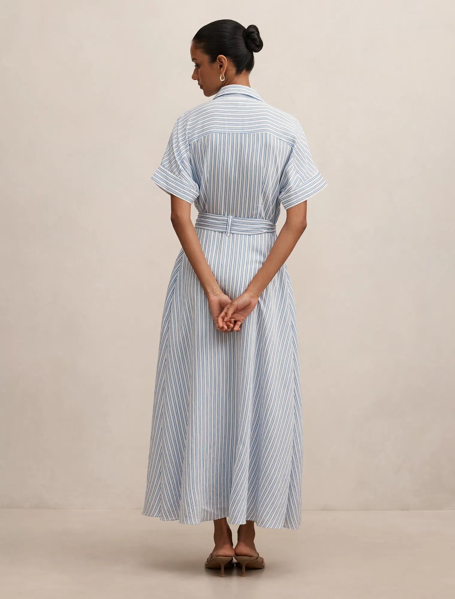 Emma Petite Stripe Midi Dress Blue & White Stripe