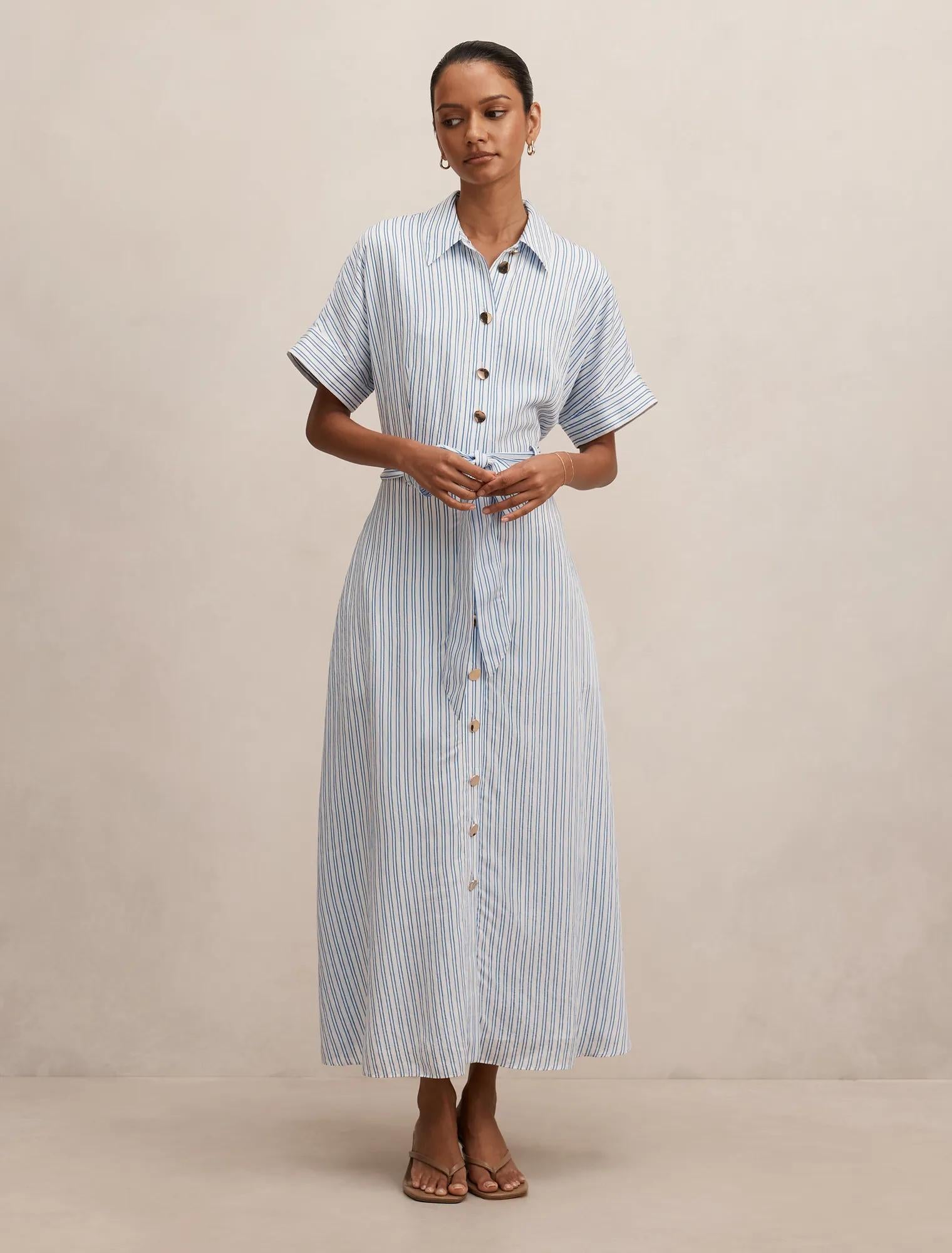 Emma Petite Stripe Midi Dress Blue & White Stripe
