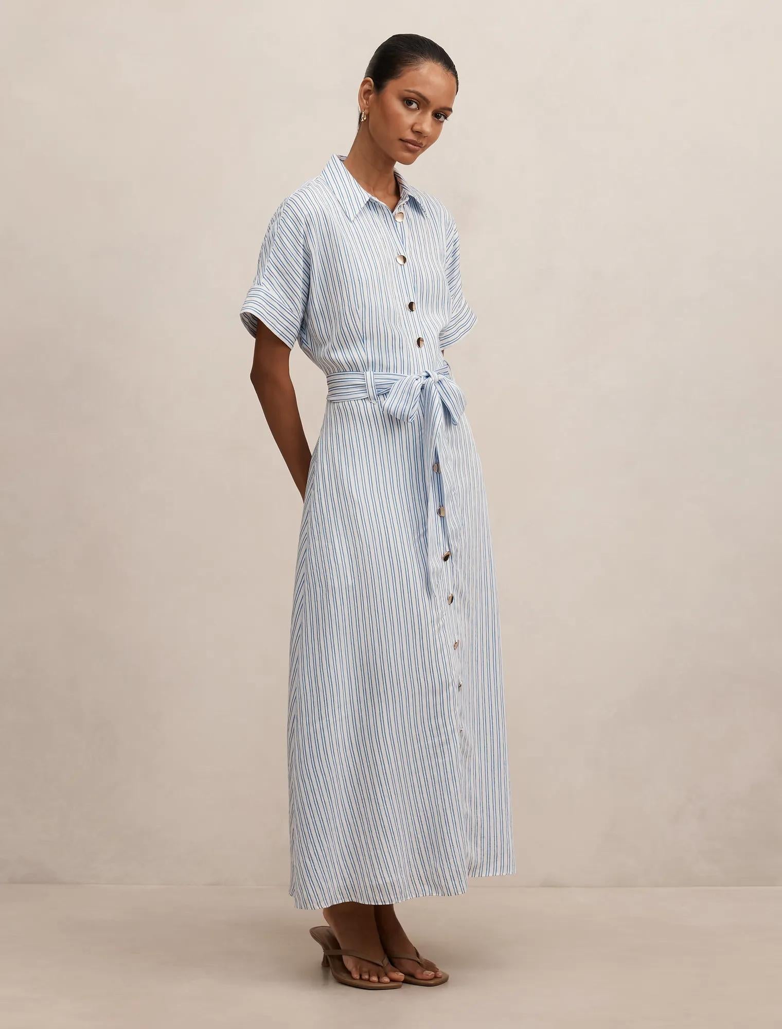 Emma Petite Stripe Midi Dress Blue & White Stripe