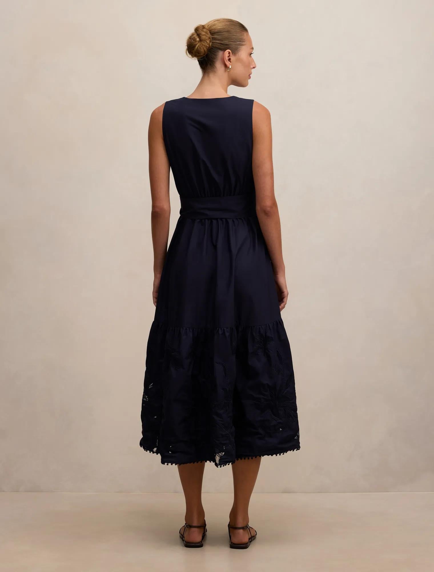 Evie Sleeveless Embroidered Tie Midi Dress Navy