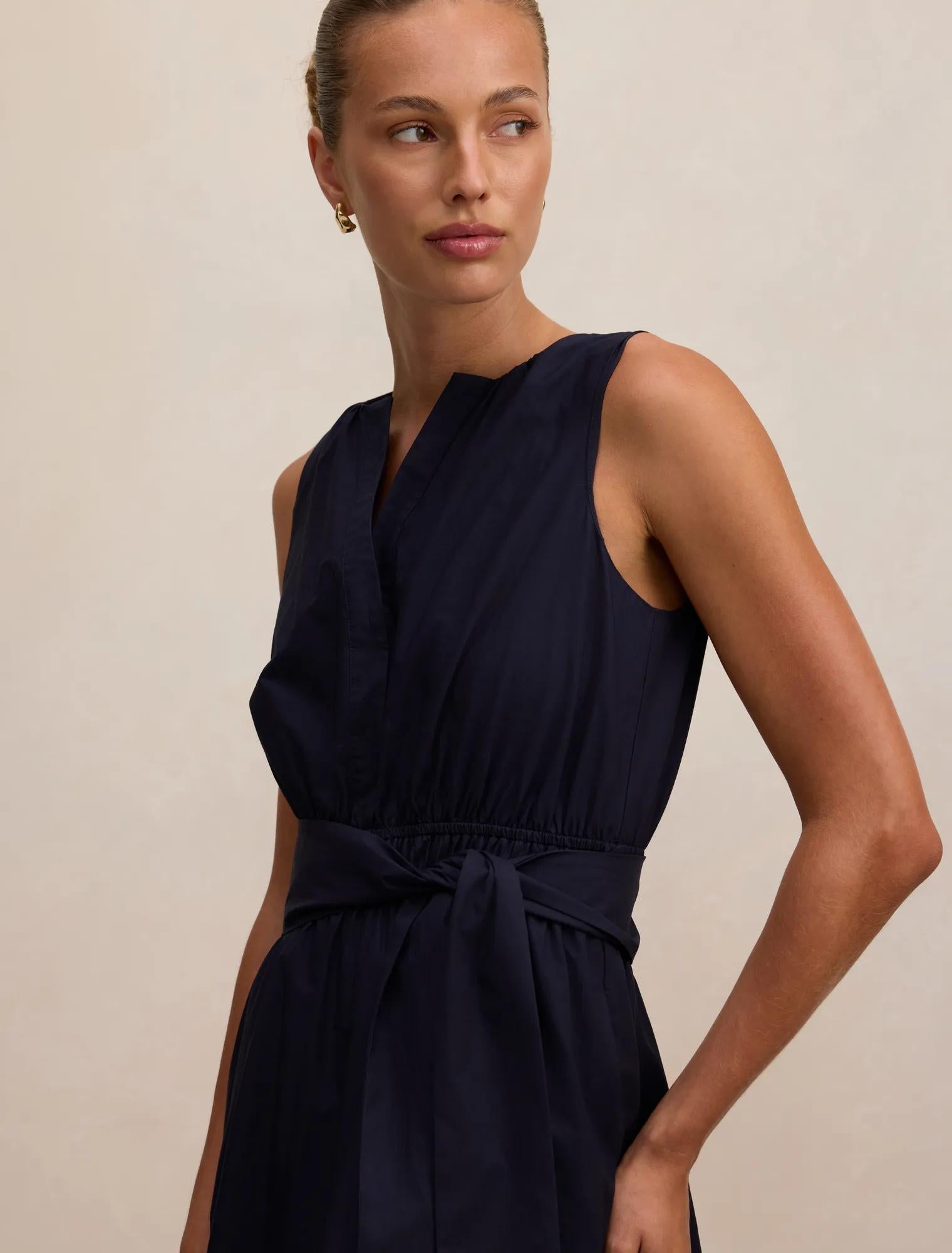Evie Sleeveless Embroidered Tie Midi Dress Navy