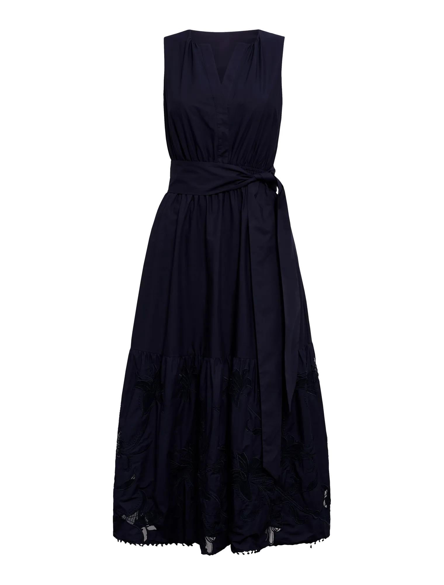 Evie Sleeveless Embroidered Tie Midi Dress Navy_mannequin