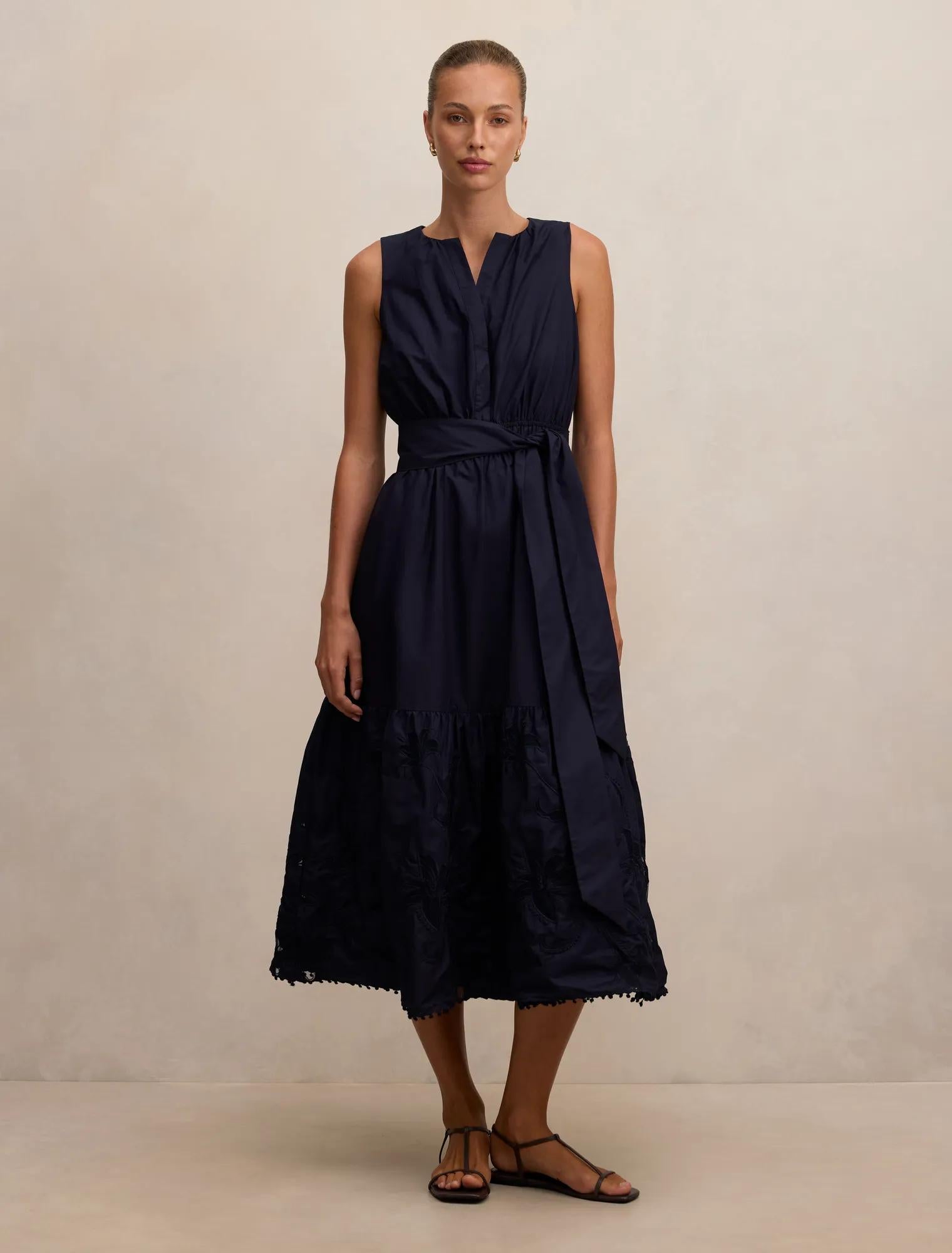 Evie Sleeveless Embroidered Tie Midi Dress Navy