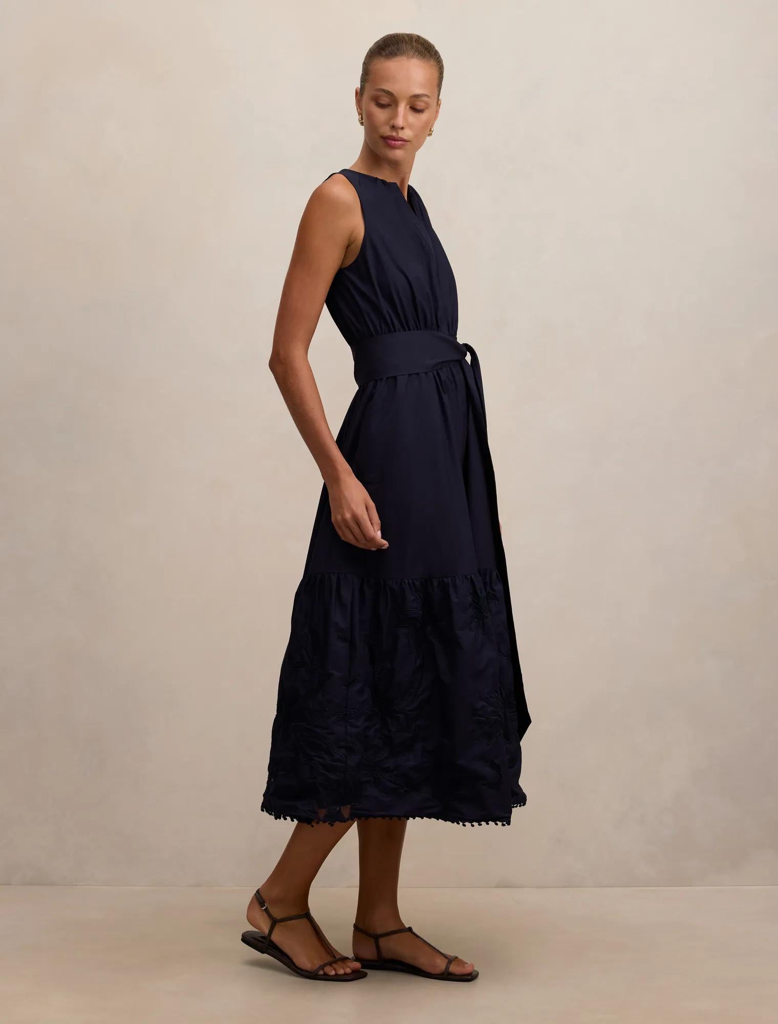 Evie Sleeveless Embroidered Tie Midi Dress Navy