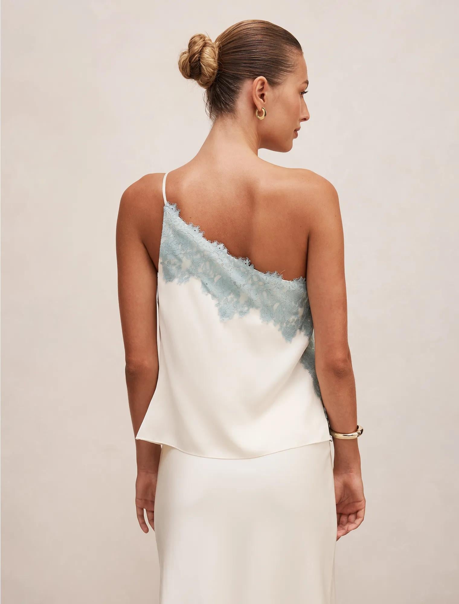 Adele One Shoulder Lace Trim Top Champagne/Blue Co-ord