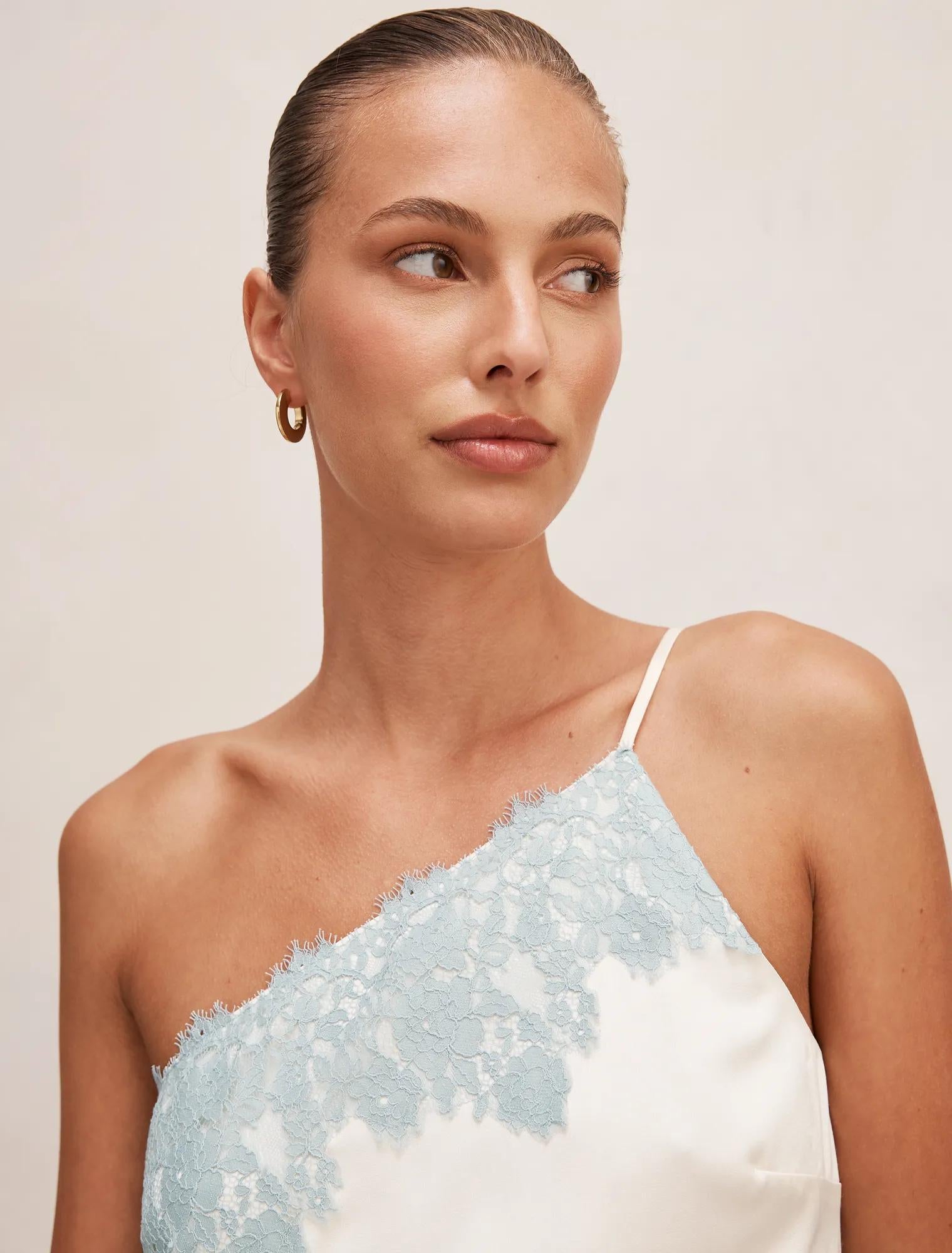 Adele One Shoulder Lace Trim Top Champagne/Blue Co-ord