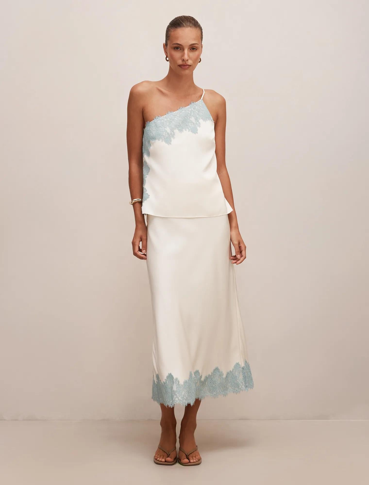 Adele One Shoulder Lace Trim Top Champagne/Blue Co-ord