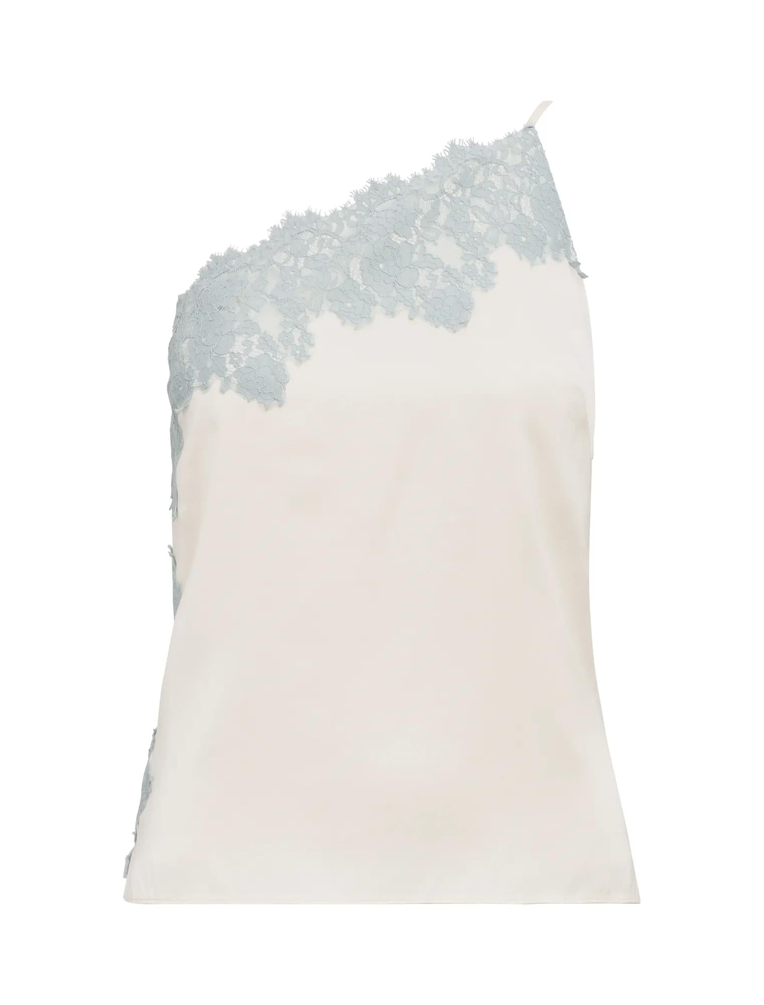 Adele One Shoulder Lace Trim Top Champagne/Blue Co-ord_mannequin
