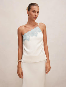 Adele One Shoulder Lace Trim Top Champagne/Blue Co-ord