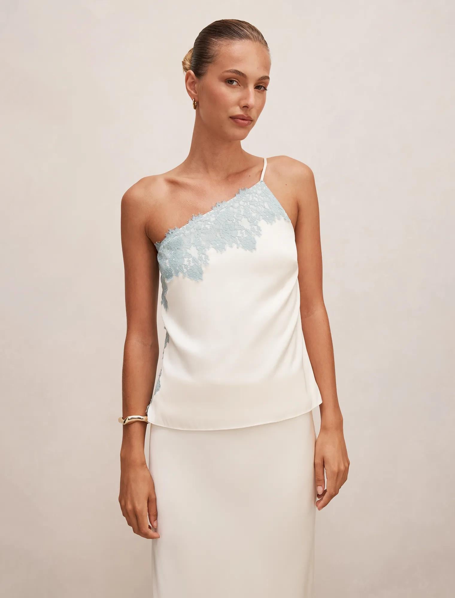 Adele One Shoulder Lace Trim Top Champagne/Blue Co-ord