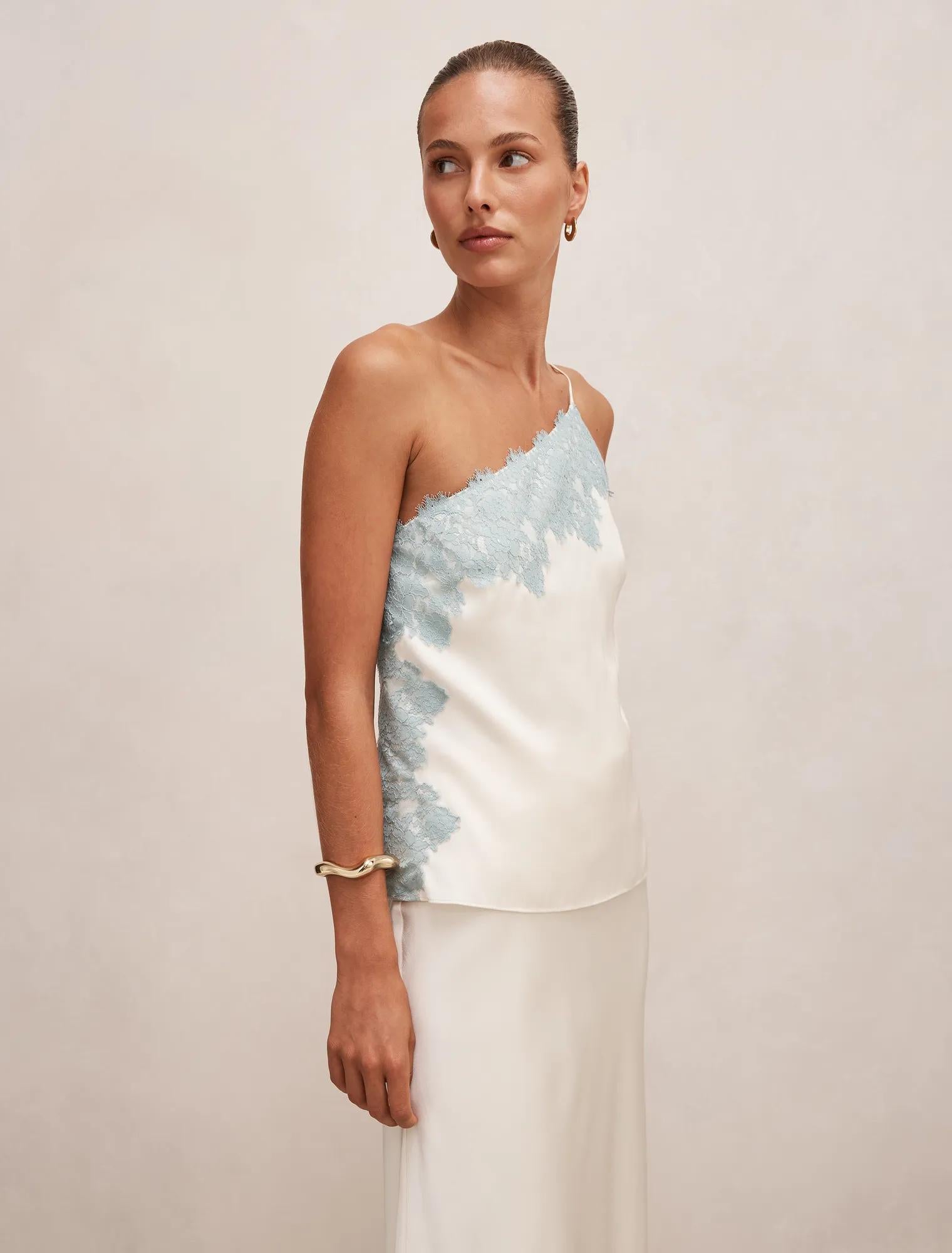 Adele One Shoulder Lace Trim Top Champagne/Blue Co-ord