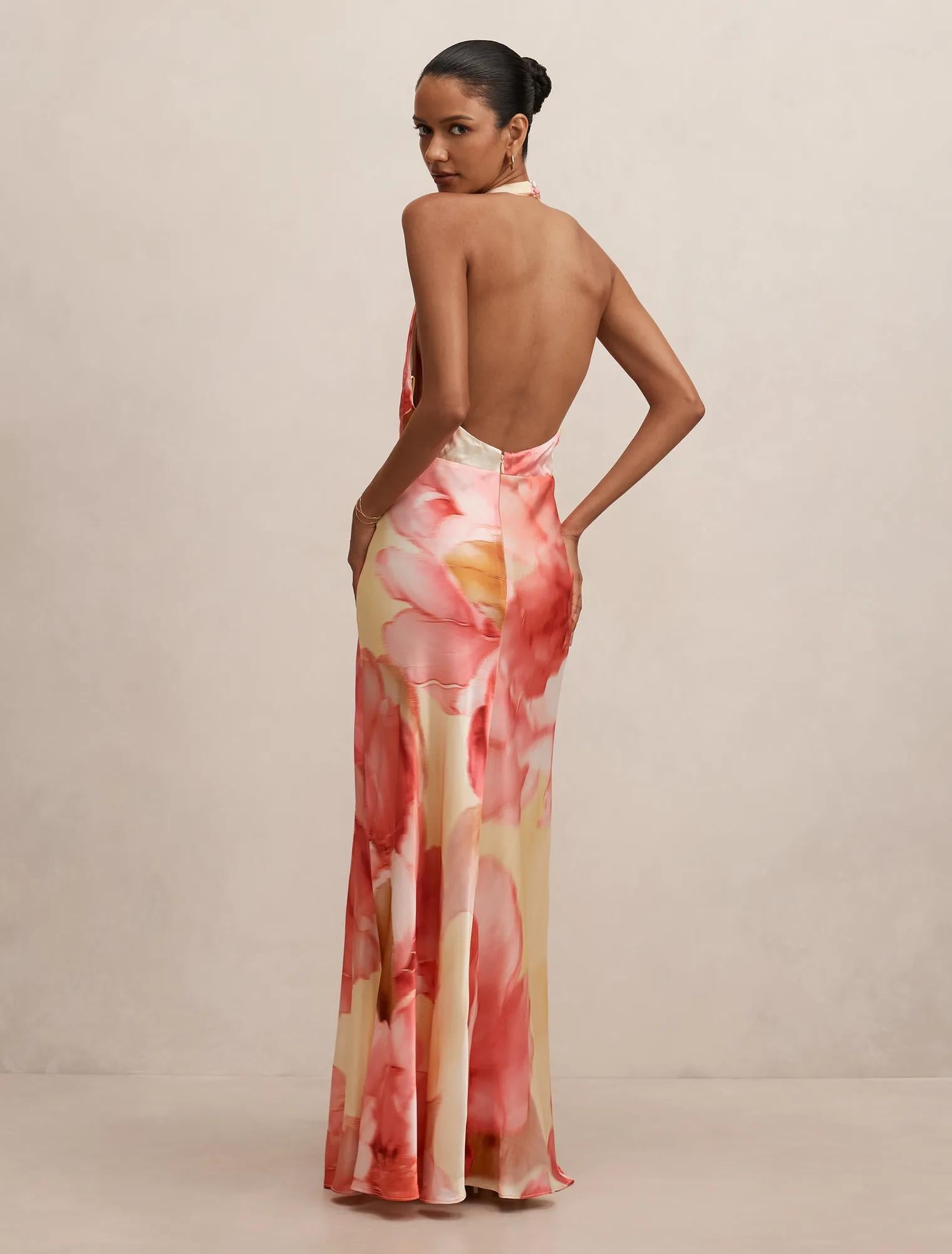 Becca Petite Cowl Halter Satin Gown Bellara Floral