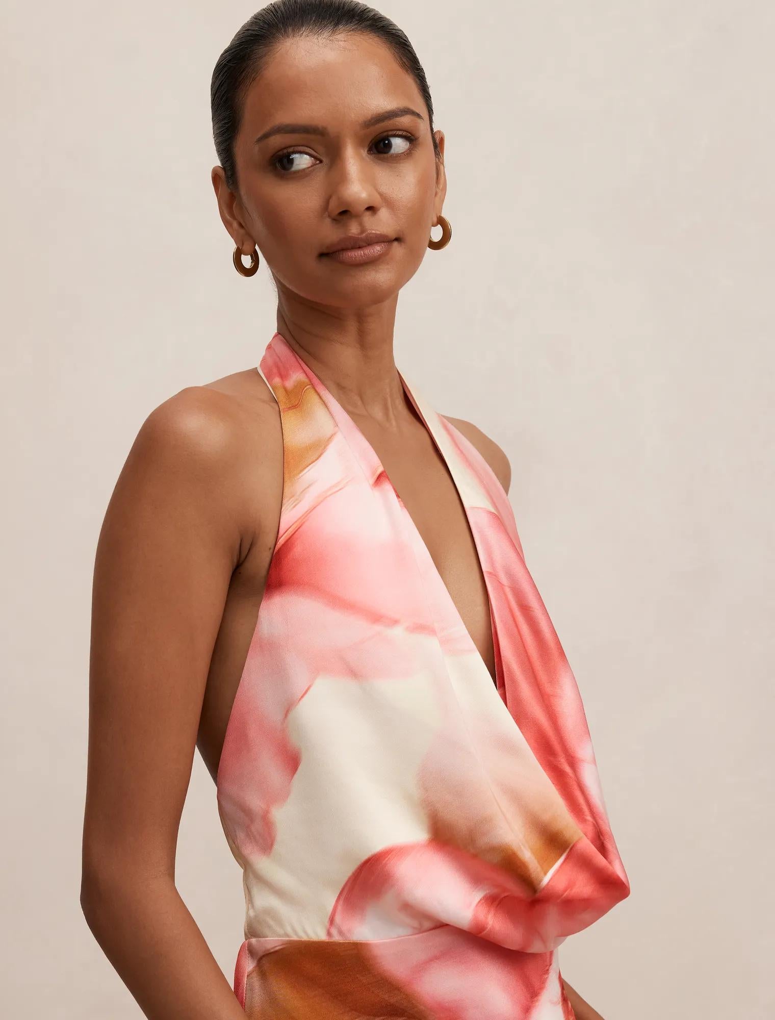 Becca Petite Cowl Halter Satin Gown Bellara Floral