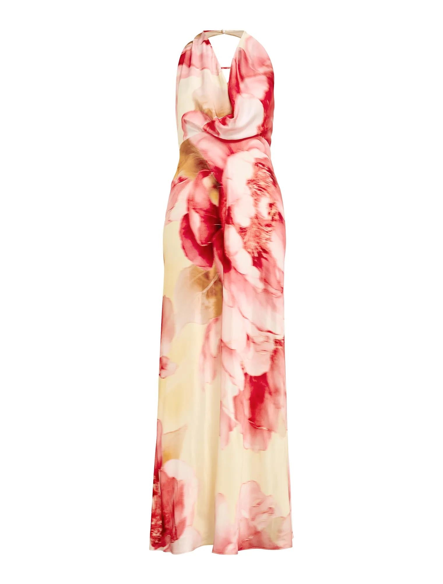 Becca Petite Cowl Halter Satin Gown Bellara Floral_mannequin
