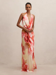 Becca Petite Cowl Halter Satin Gown Bellara Floral