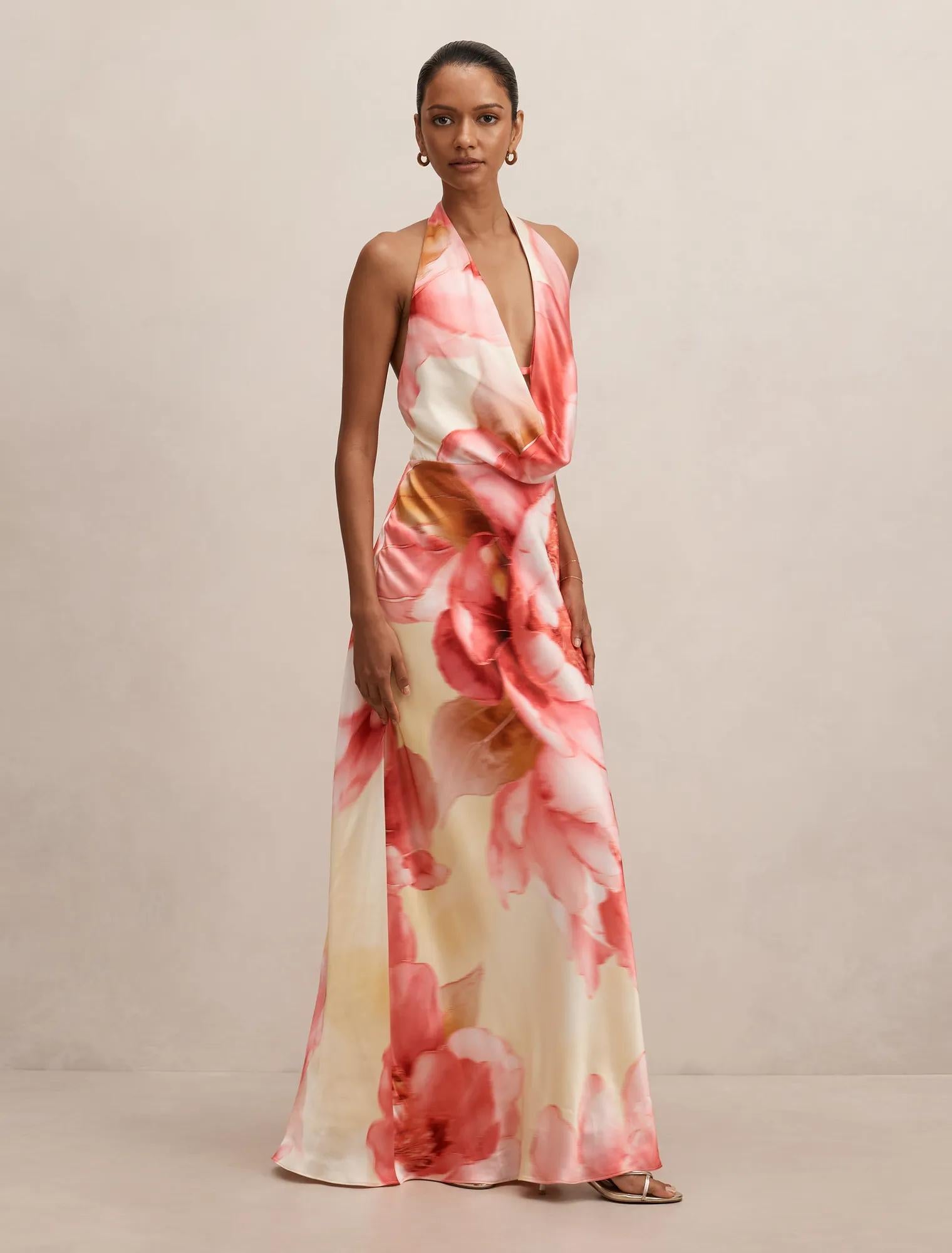 Becca Petite Cowl Halter Satin Gown Bellara Floral