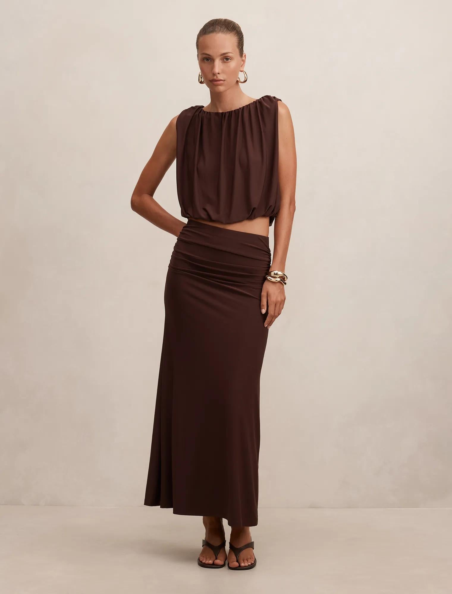 Sutton Flute Maxi skirt Milk Chocolate co-ord