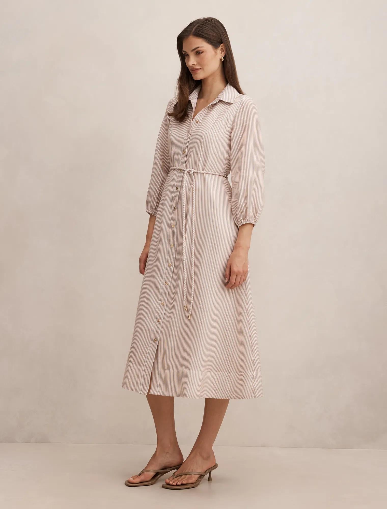 Maisy Silk Blend Shirt Dress Rust Stripe