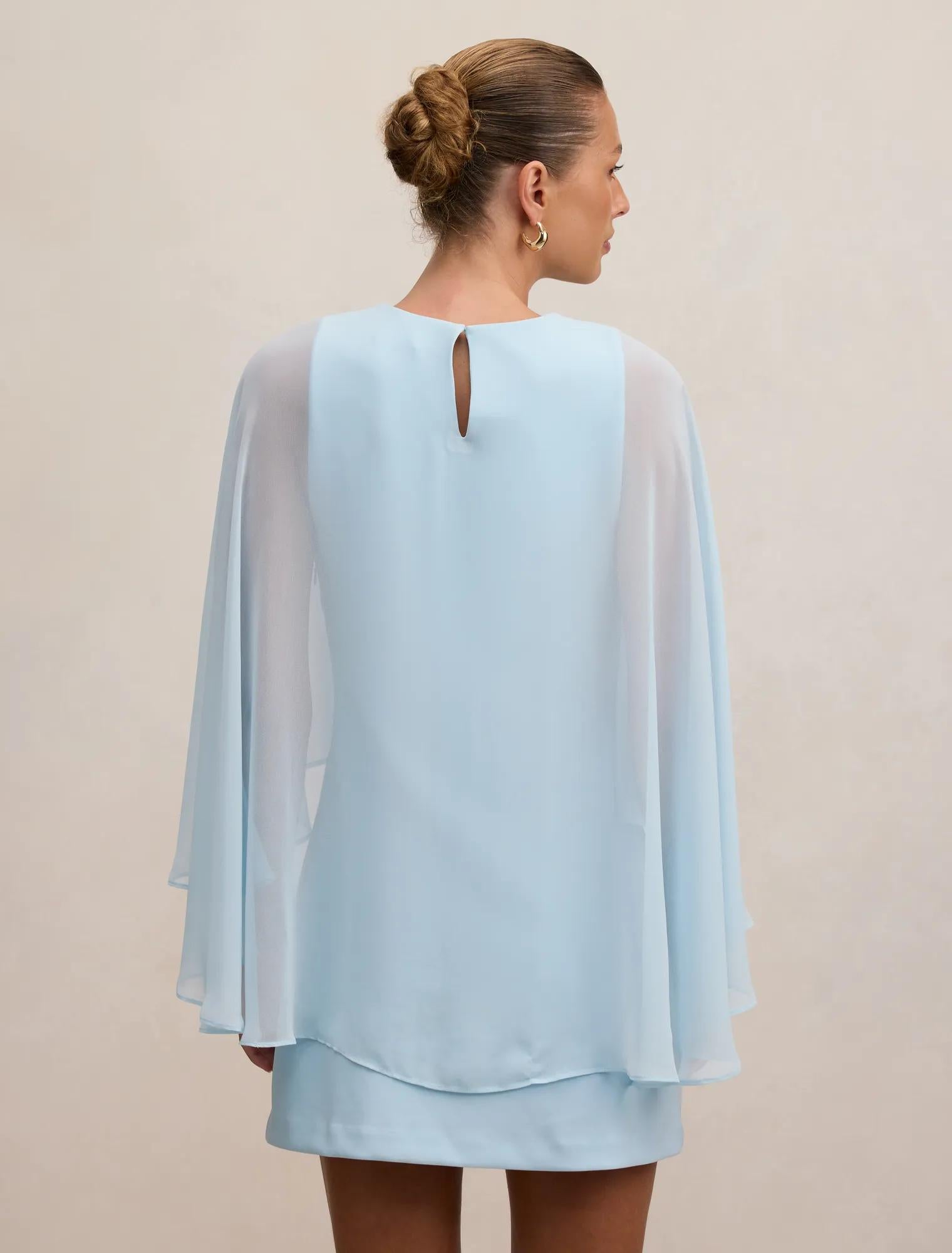 Irena Sheer Cape Mini Dress Soft Blue