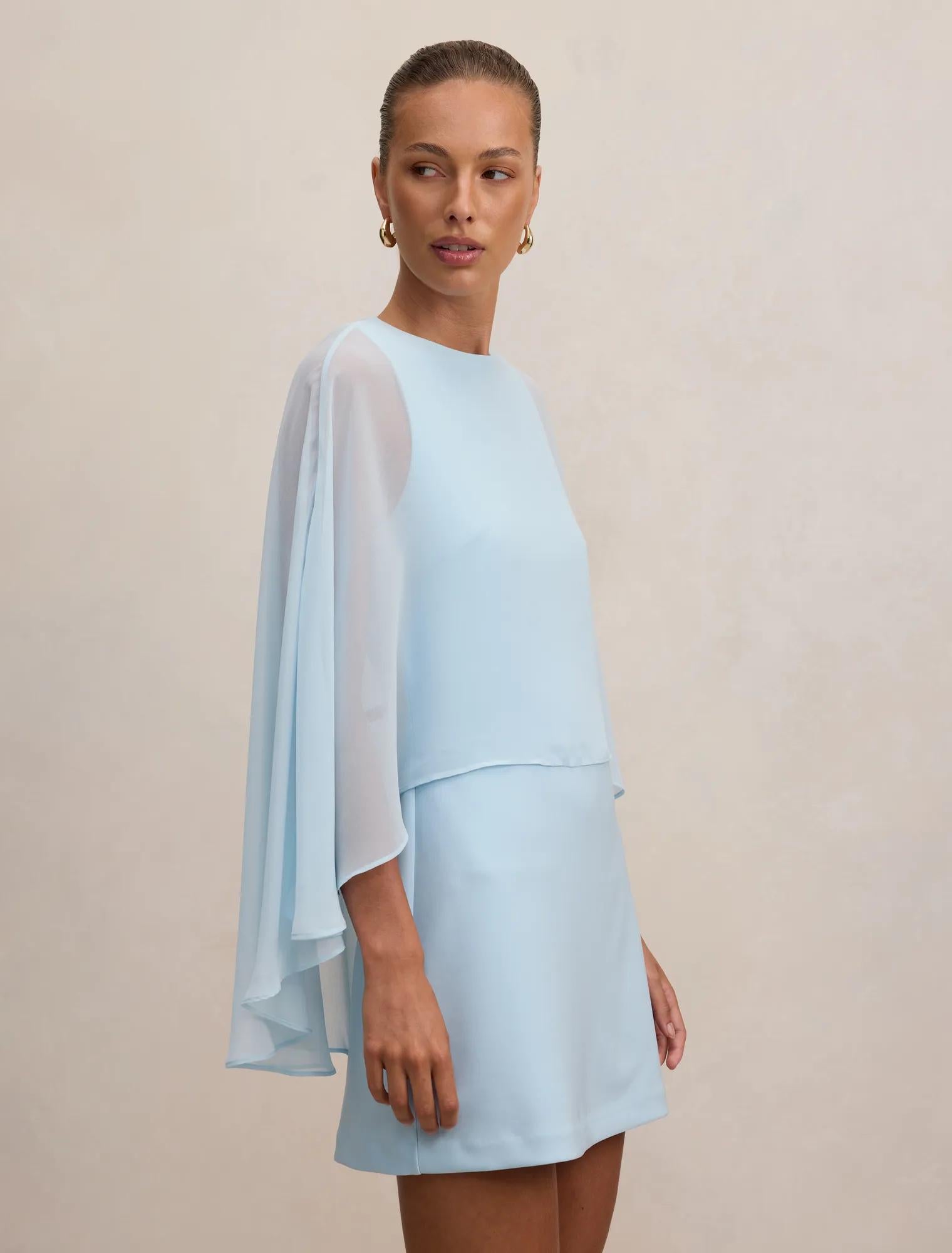 Irena Sheer Cape Mini Dress Soft Blue