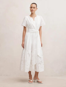 Matilda Embroidered Tie Midi Dress Porcelain