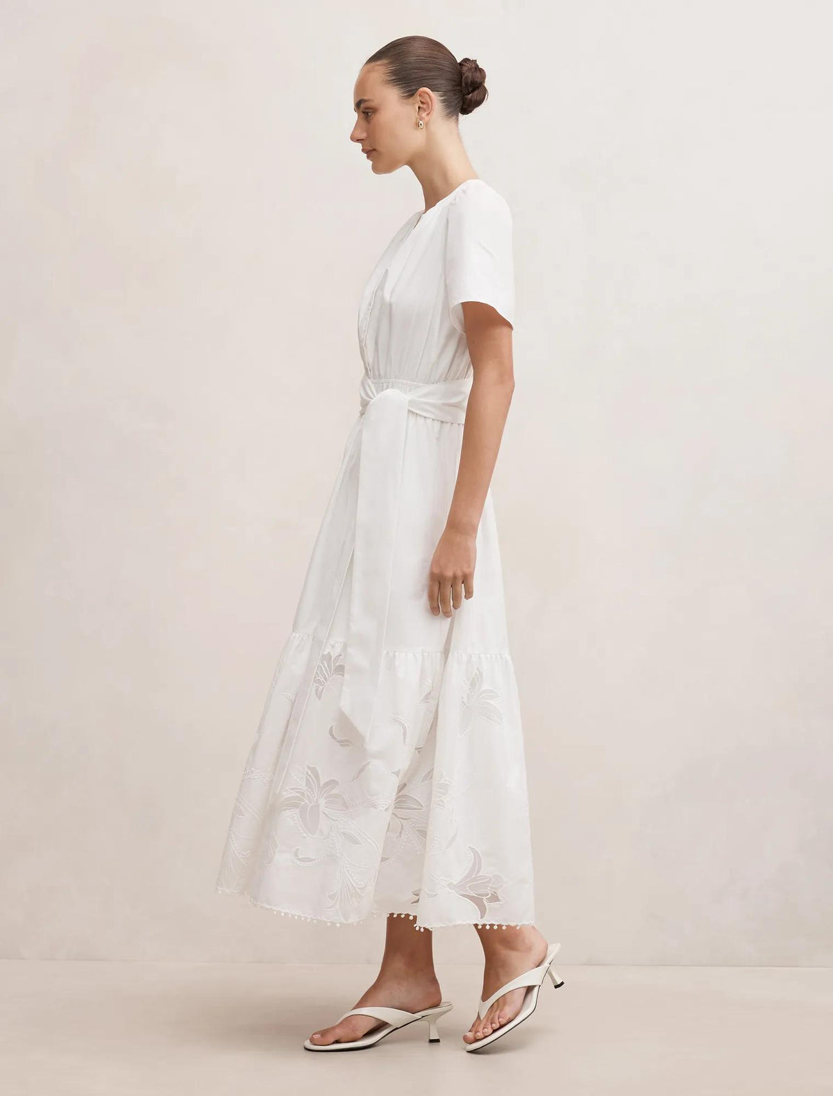 Matilda Embroidered Tie Midi Dress Porcelain