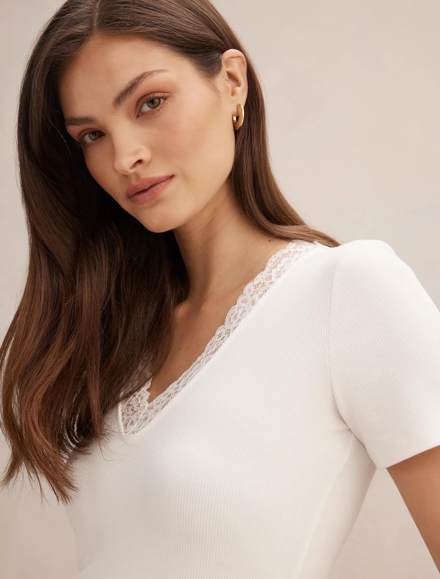 Sienna Lace Trim Tee Porcelain