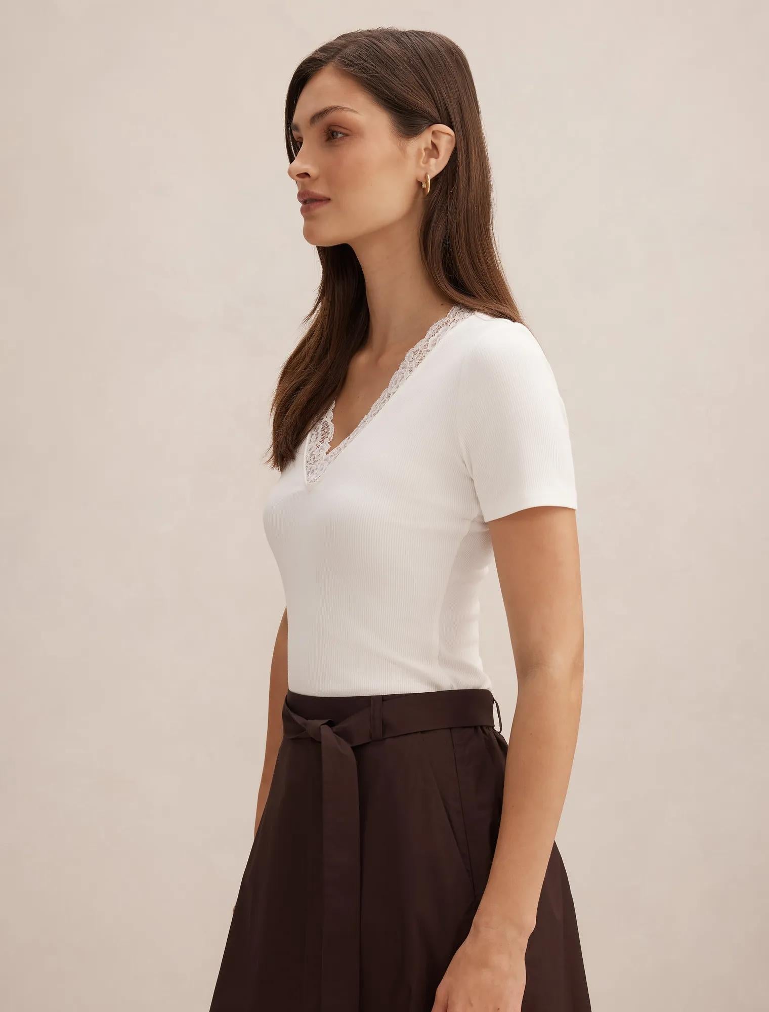 Sienna Lace Trim Tee Porcelain