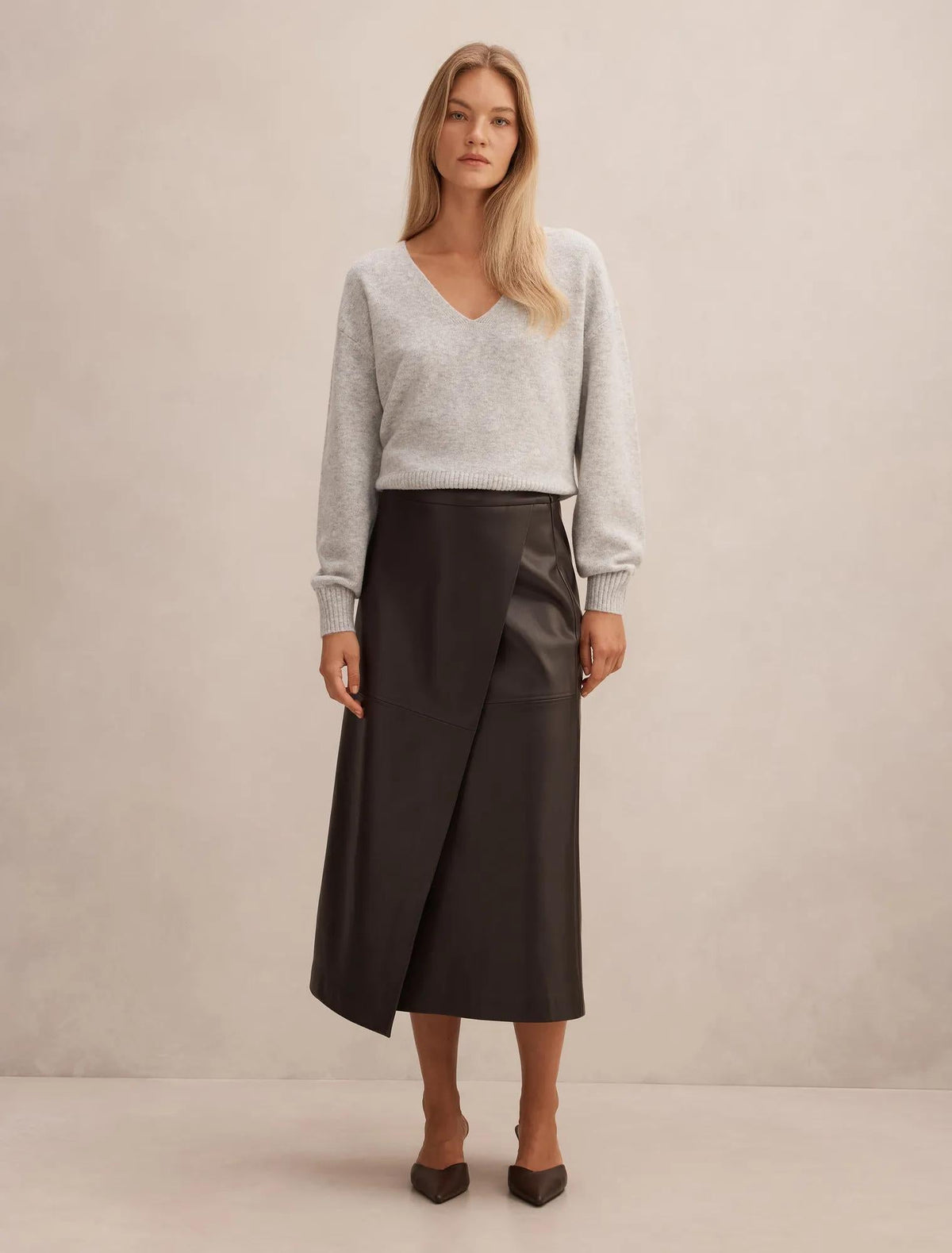Amelia Vegan Leather Wrap Skirt Chocolate
