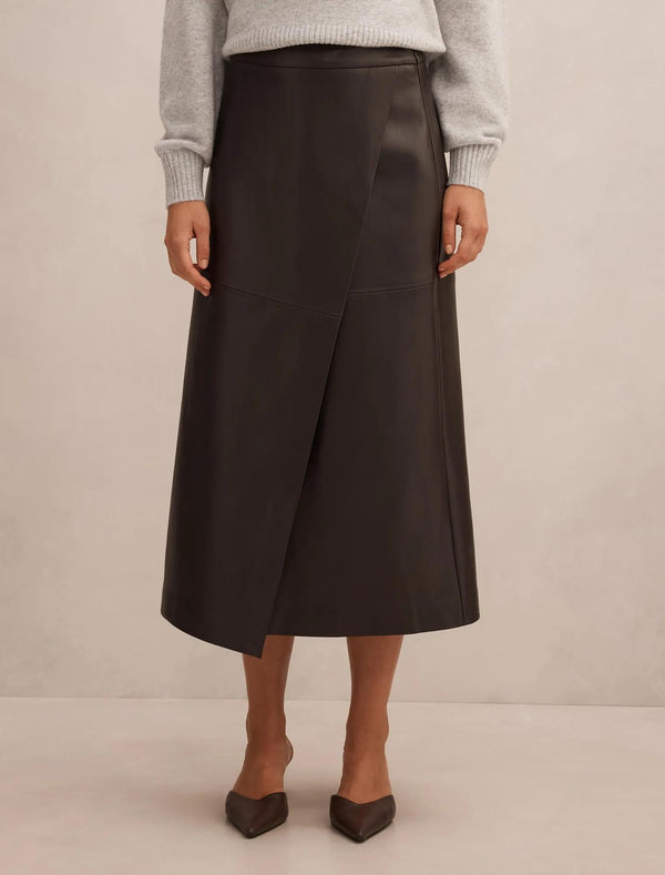 Amelia Vegan Leather Wrap Skirt Chocolate