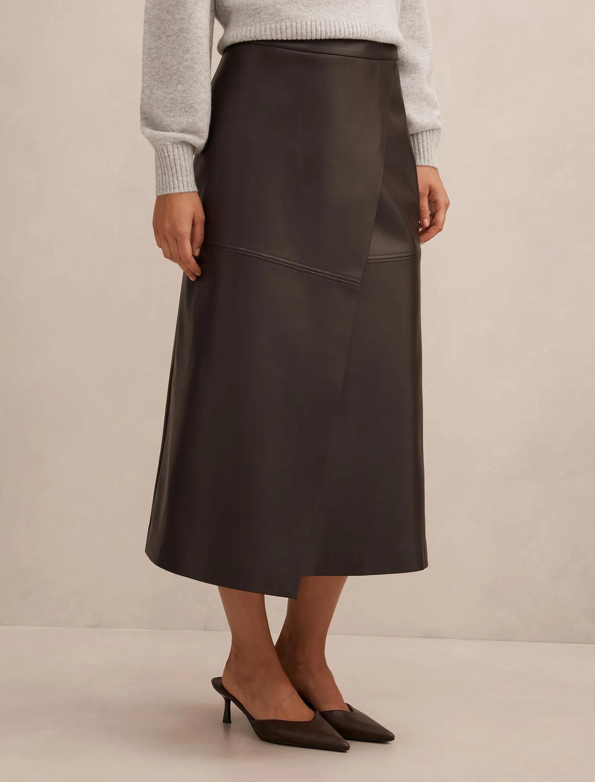 Amelia Vegan Leather Wrap Skirt Chocolate