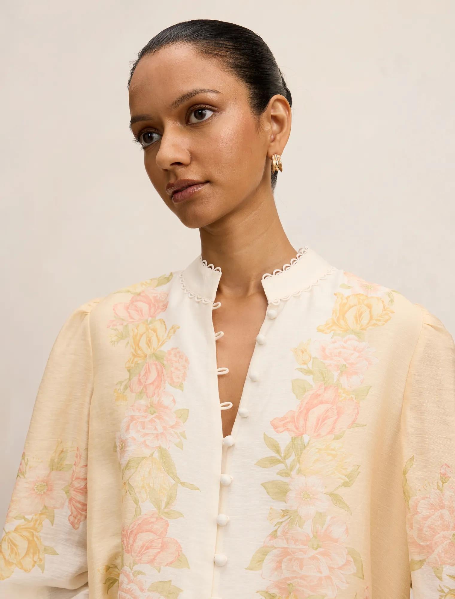 Emma Petite Trimmed Blouse Peach Mercia Floral