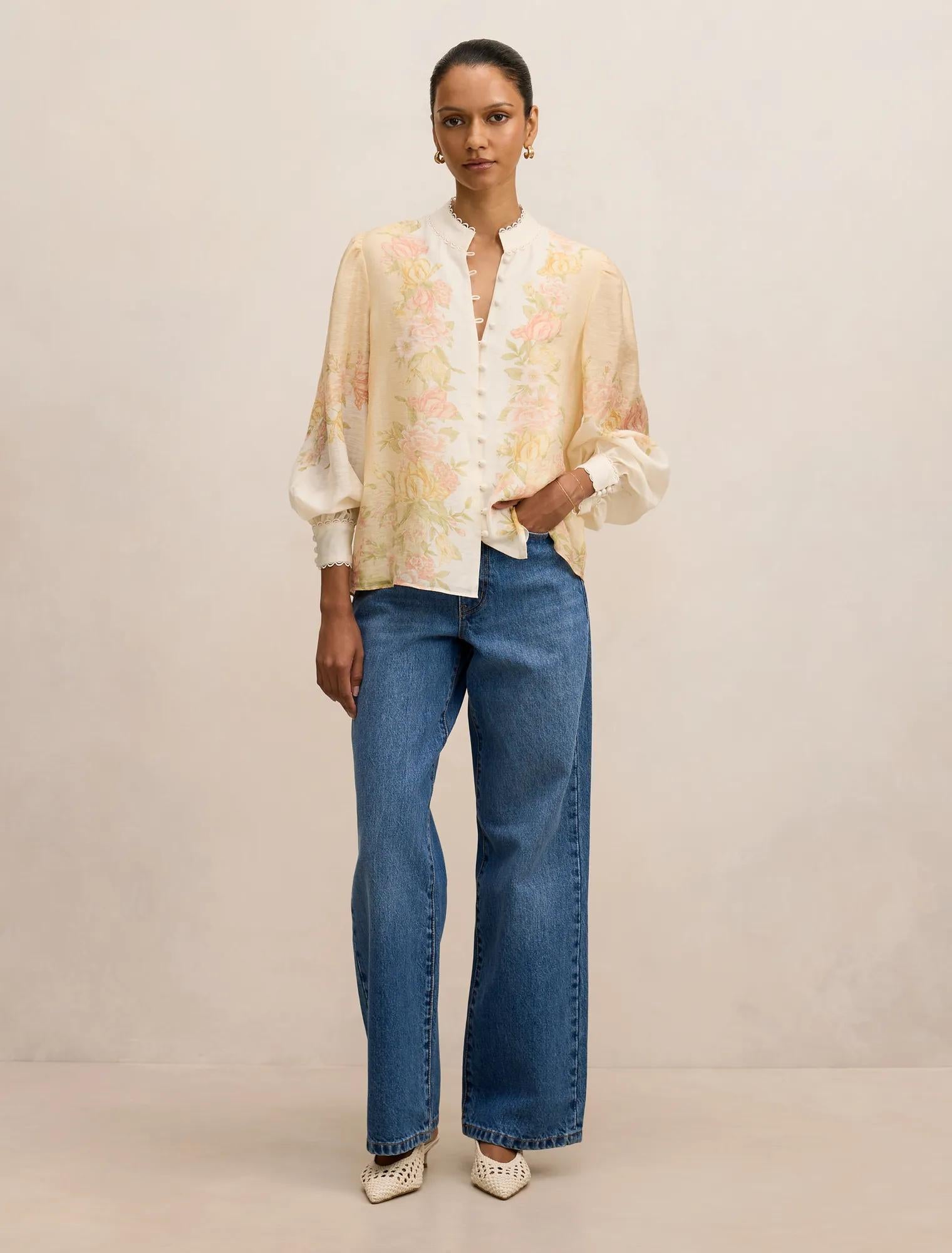 Emma Petite Trimmed Blouse Peach Mercia Floral