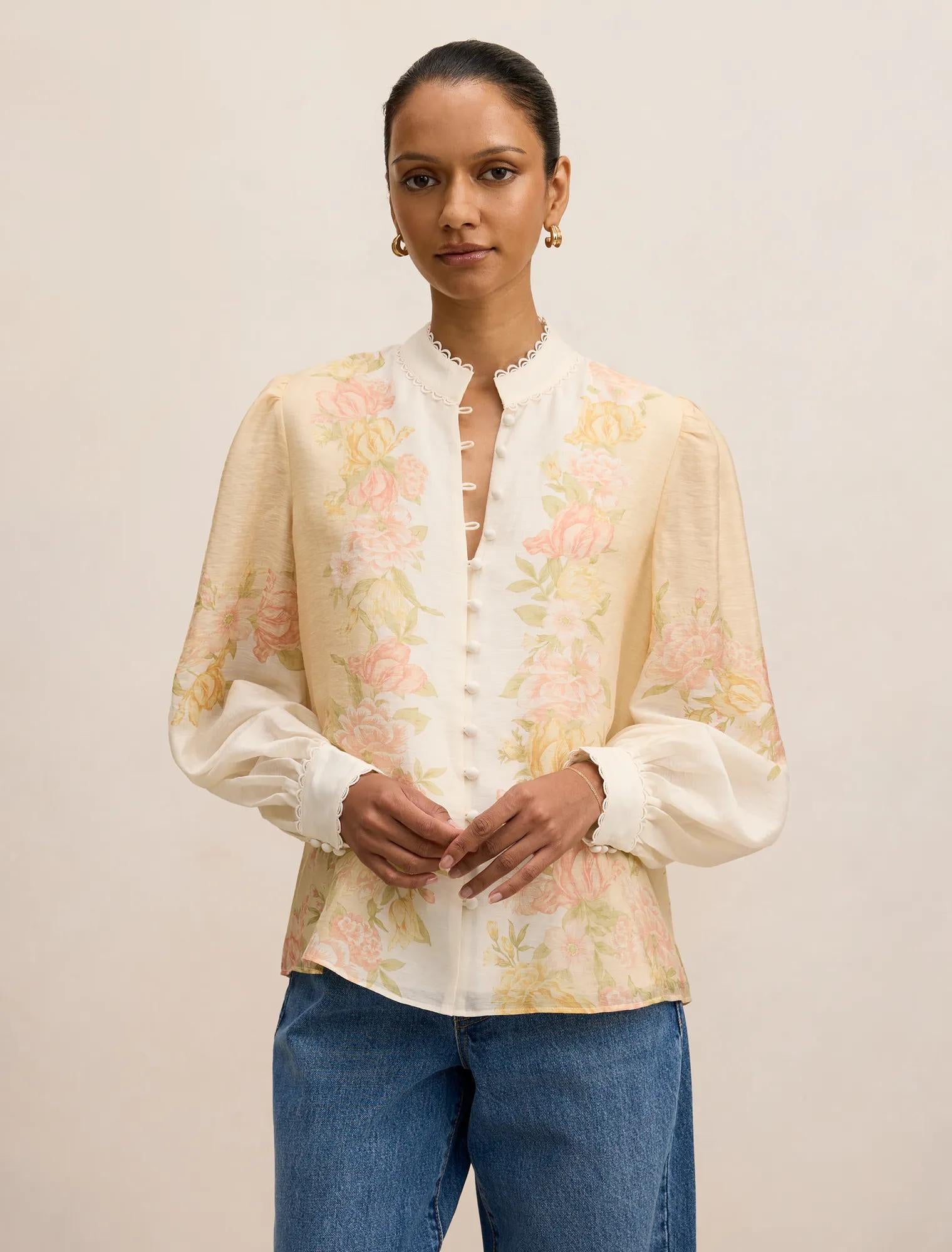 Emma Petite Trimmed Blouse Peach Mercia Floral